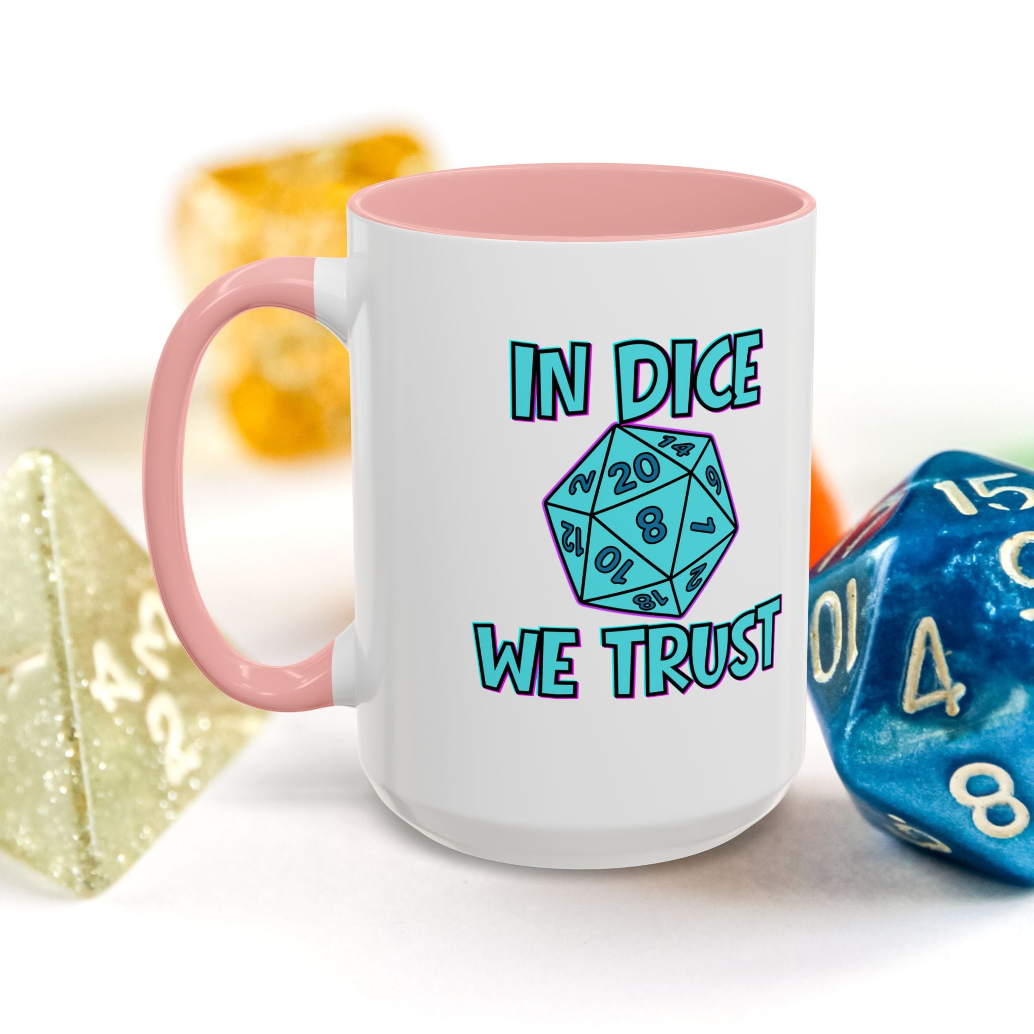 D20 Coffee Mug — "In Dice We Trust" Gamer RPG Dice Mug (15oz Accent)