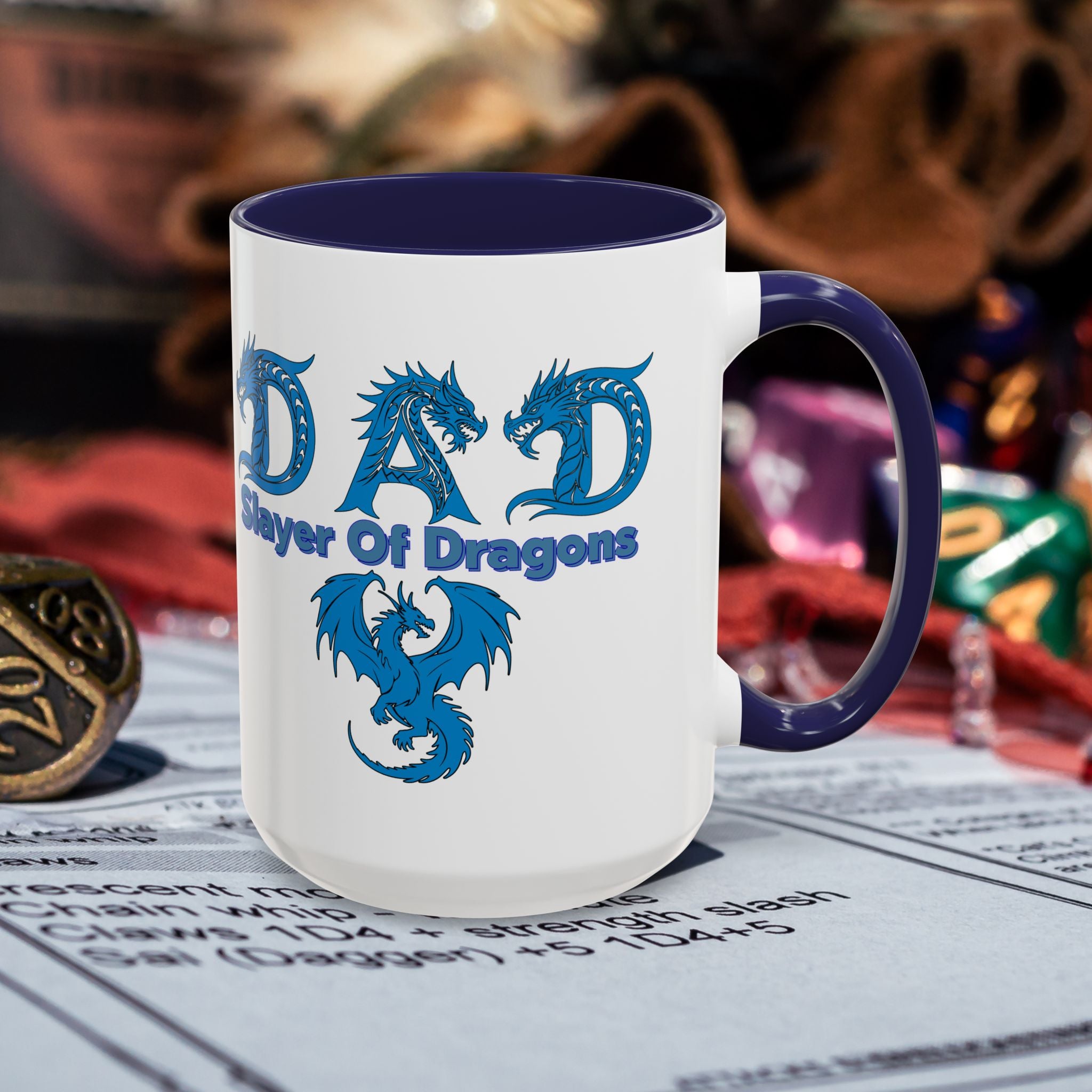 Dad Slayer of Dragons Accent Coffee Mug — Fantasy Dungeons & Dragons Gift