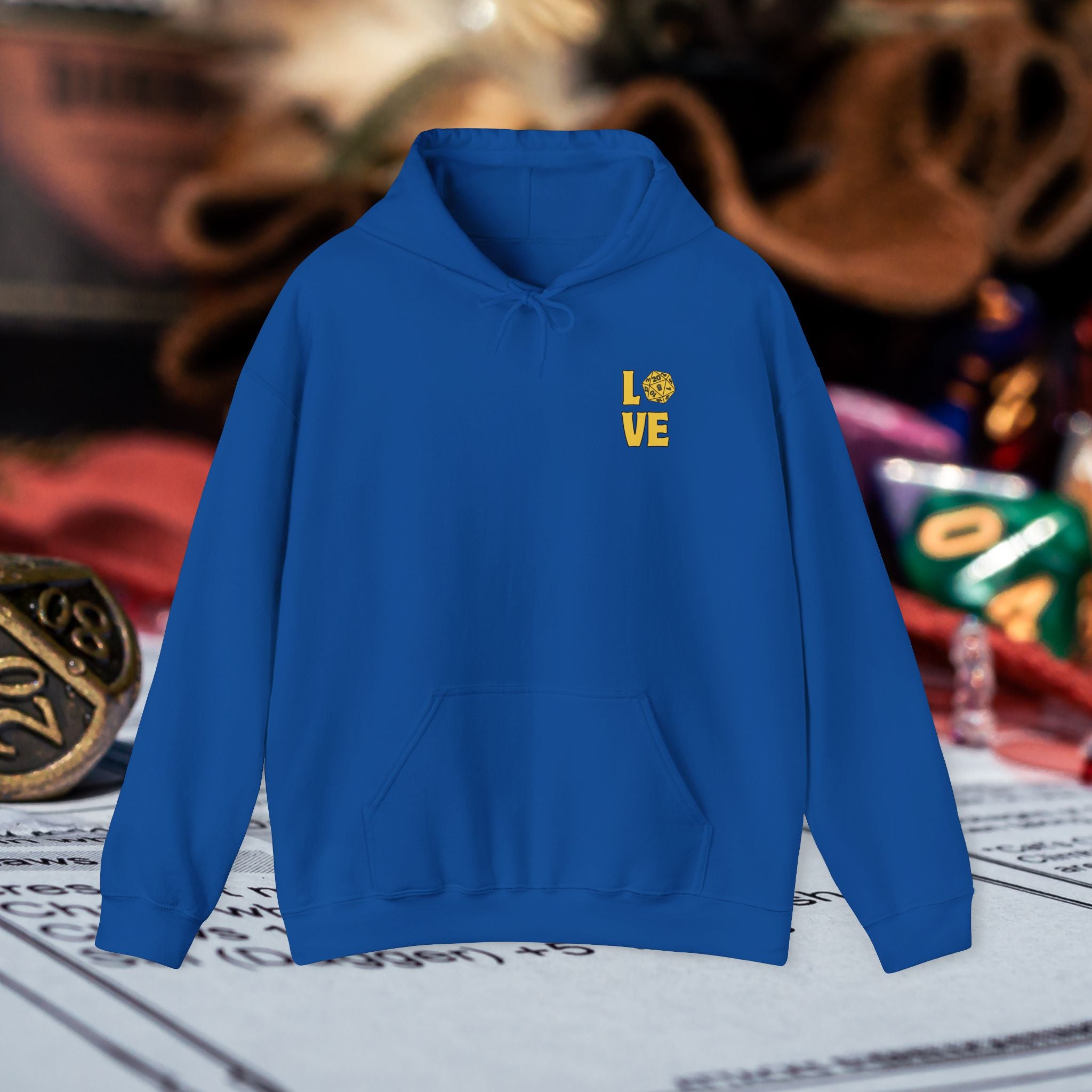 LOVE D20 Hoodie — Gold Glitter Dice Heart Gamer Gaming RPG Hooded Sweatshirt