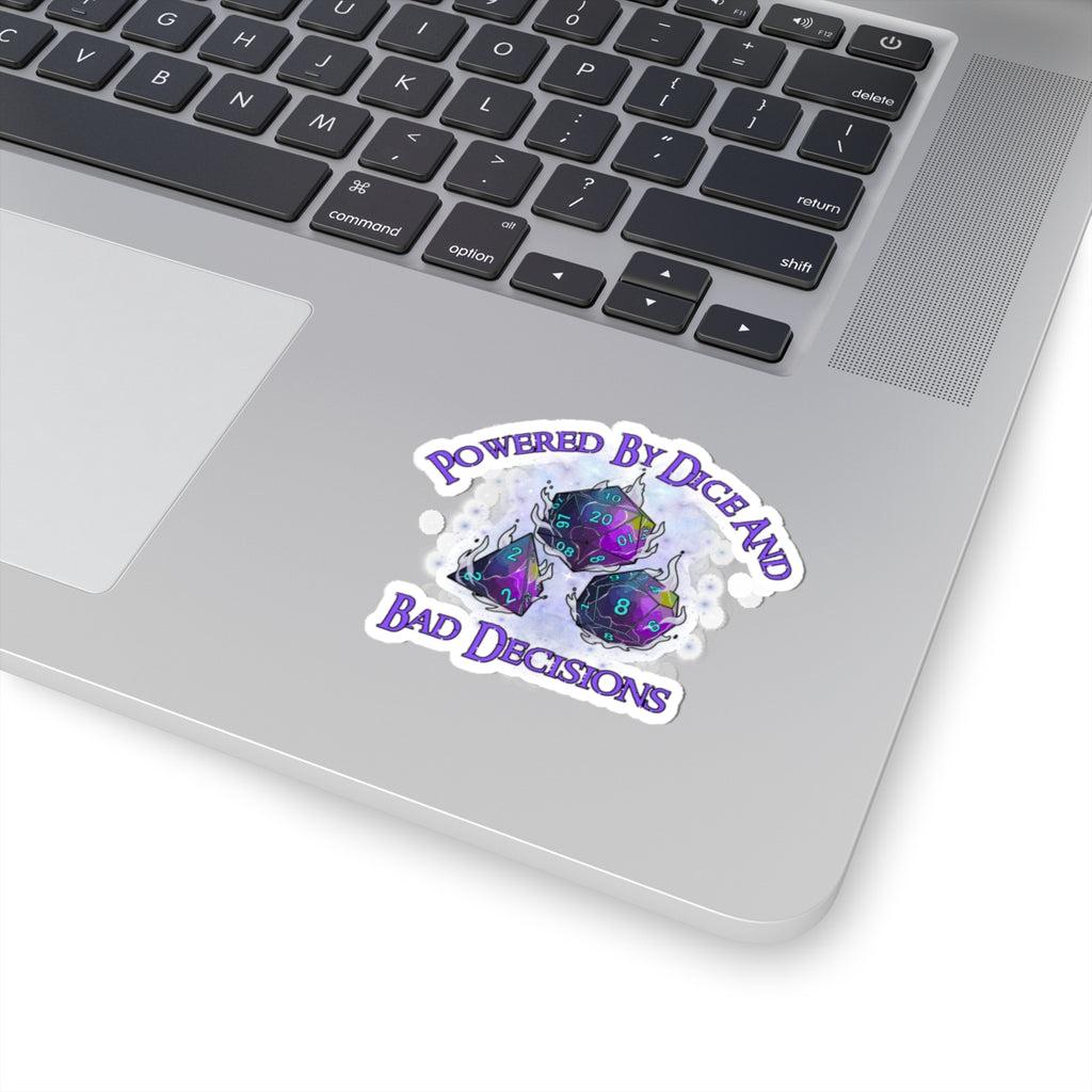 Kiss-Cut Sticker — “Powered by Dice and Bad Decisions” RPG Dice Humor Sticker