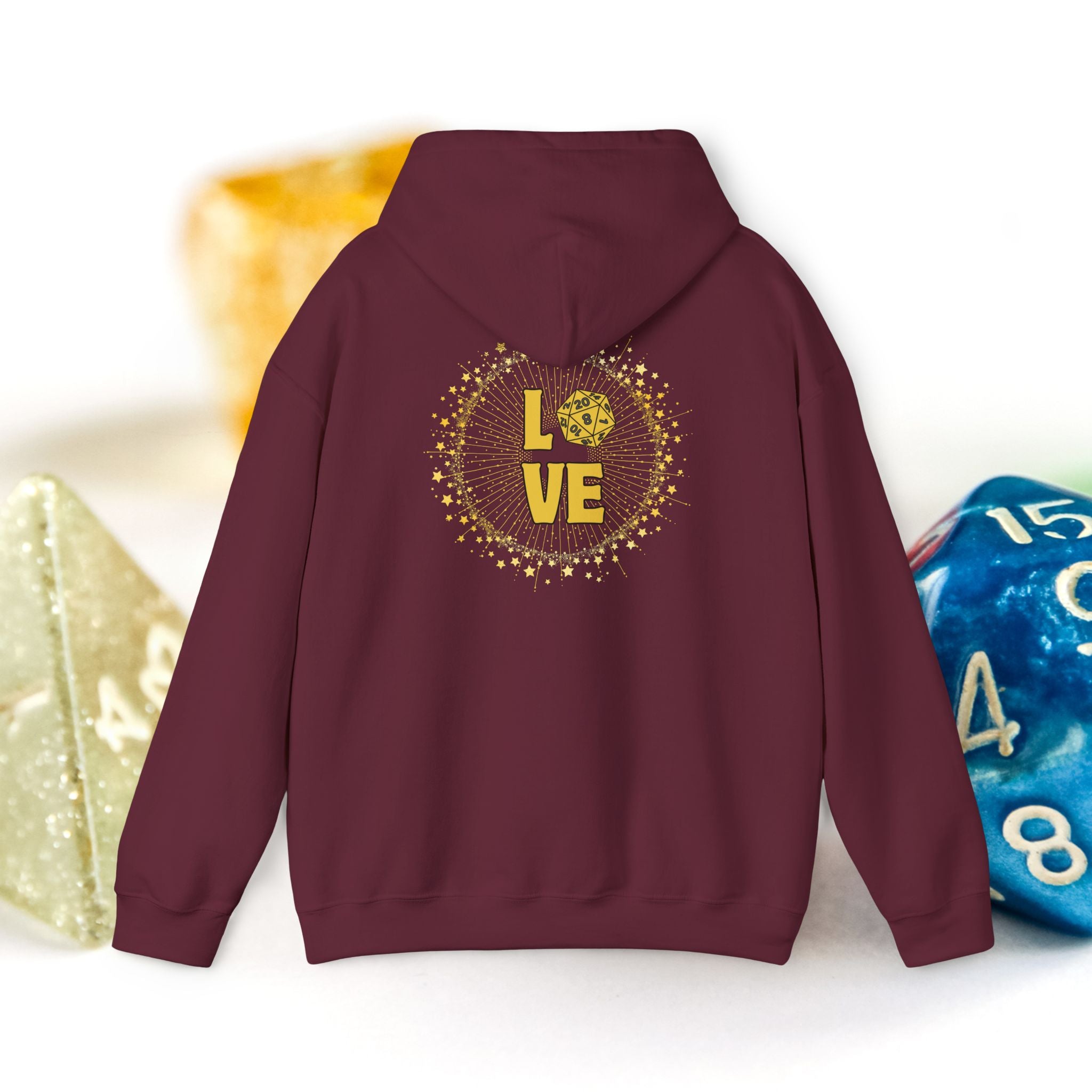 LOVE D20 Hoodie — Gold Glitter Dice Heart Gamer Gaming RPG Hooded Sweatshirt