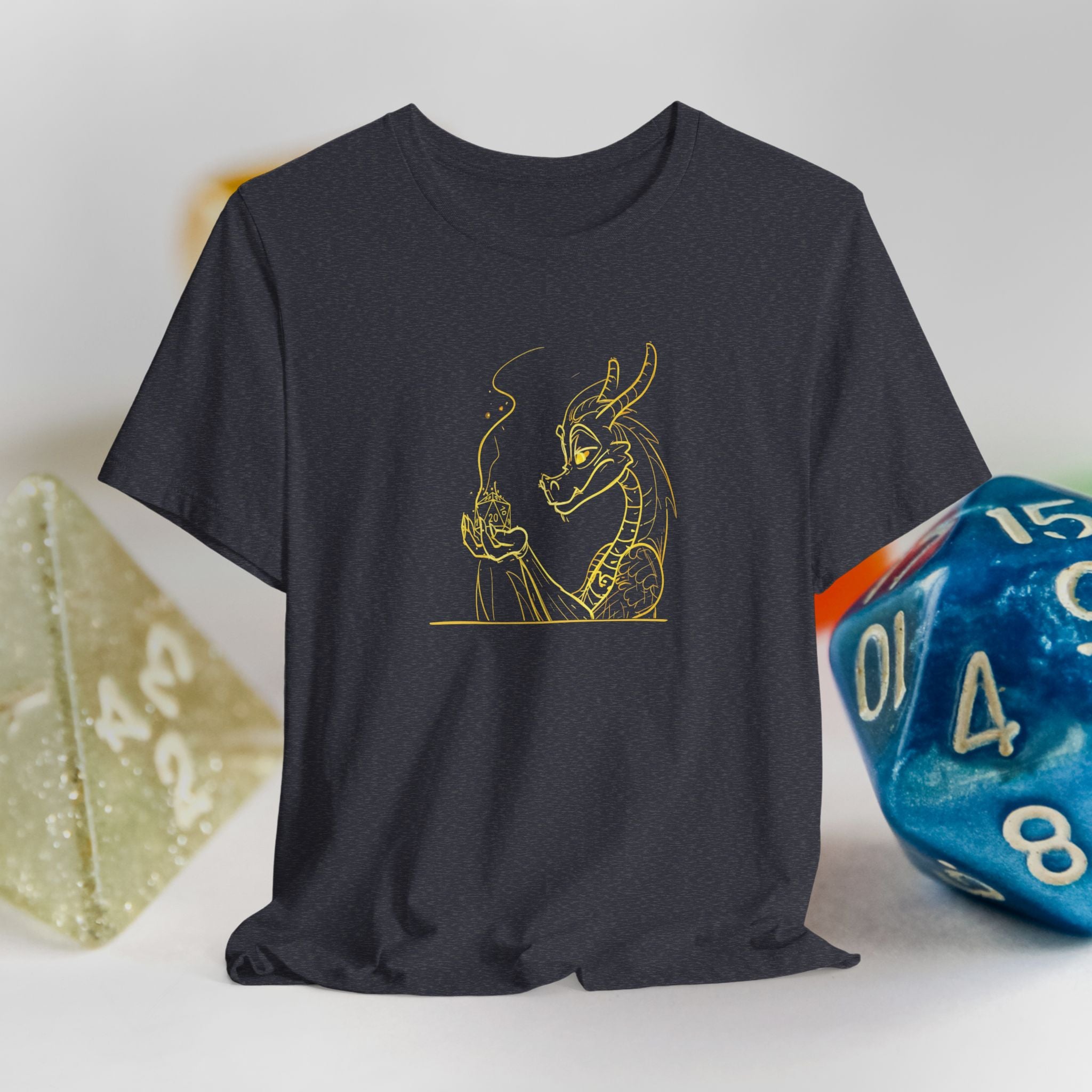 Dragon Dice T‑Shirt — Minimalist Dragon Holding D20 Gaming Tee