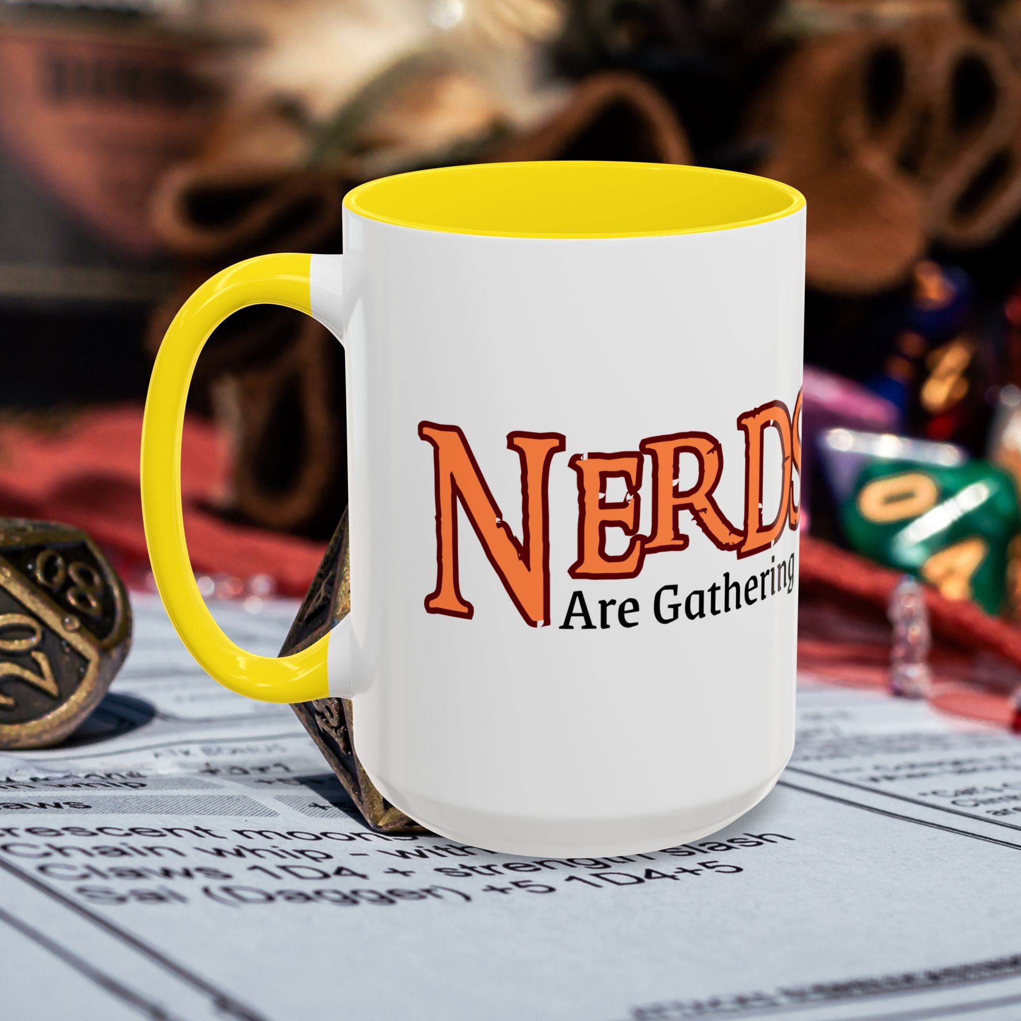 Coffee Mug — "Nerds Are Gathering" Accent Gaming D20 Dice Cup (15oz)