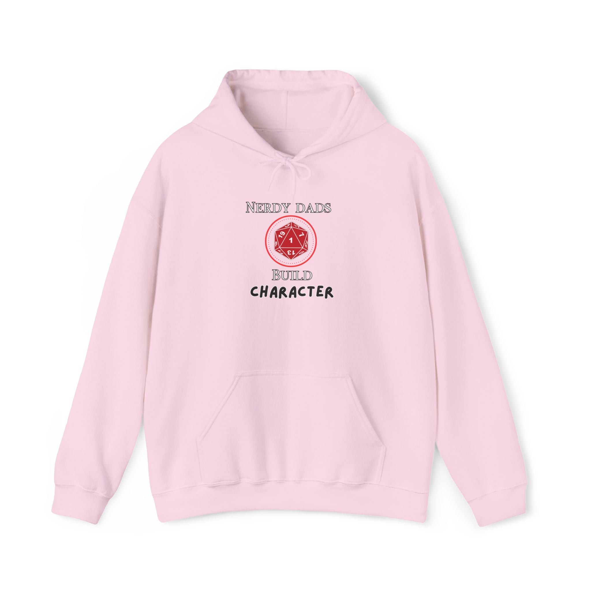 Nerdy Dads Build Character Hoodie — “Build Character” D20 Gaming Fathers Sweatshirt