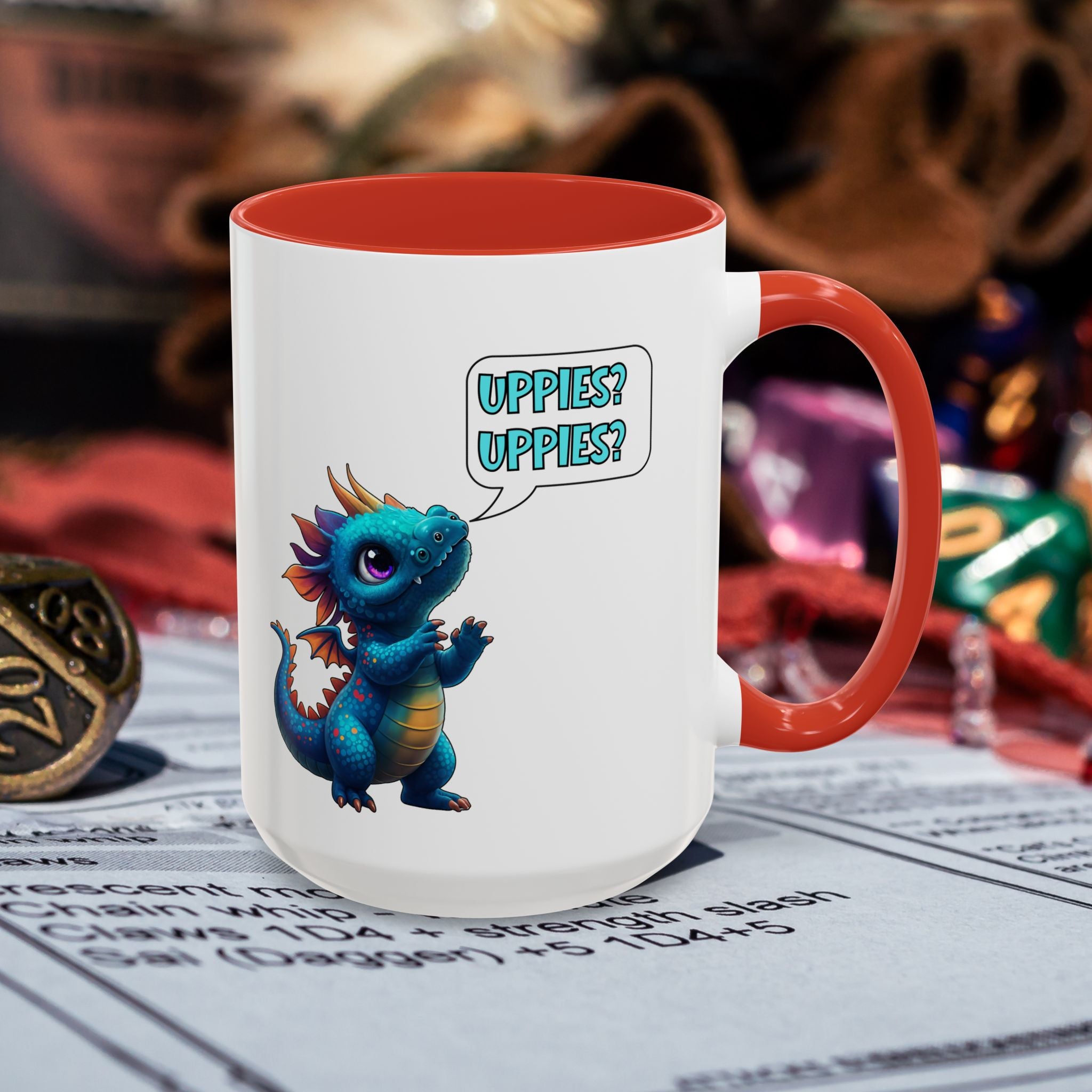 Dragon Coffee Mug - Cute Blue Dragon Saying 'Uppies? Uppies?' - Fantasy D20 Gamer Gift (15oz)