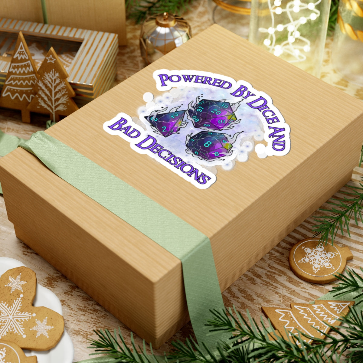 Kiss-Cut Sticker — “Powered by Dice and Bad Decisions” RPG Dice Humor Sticker