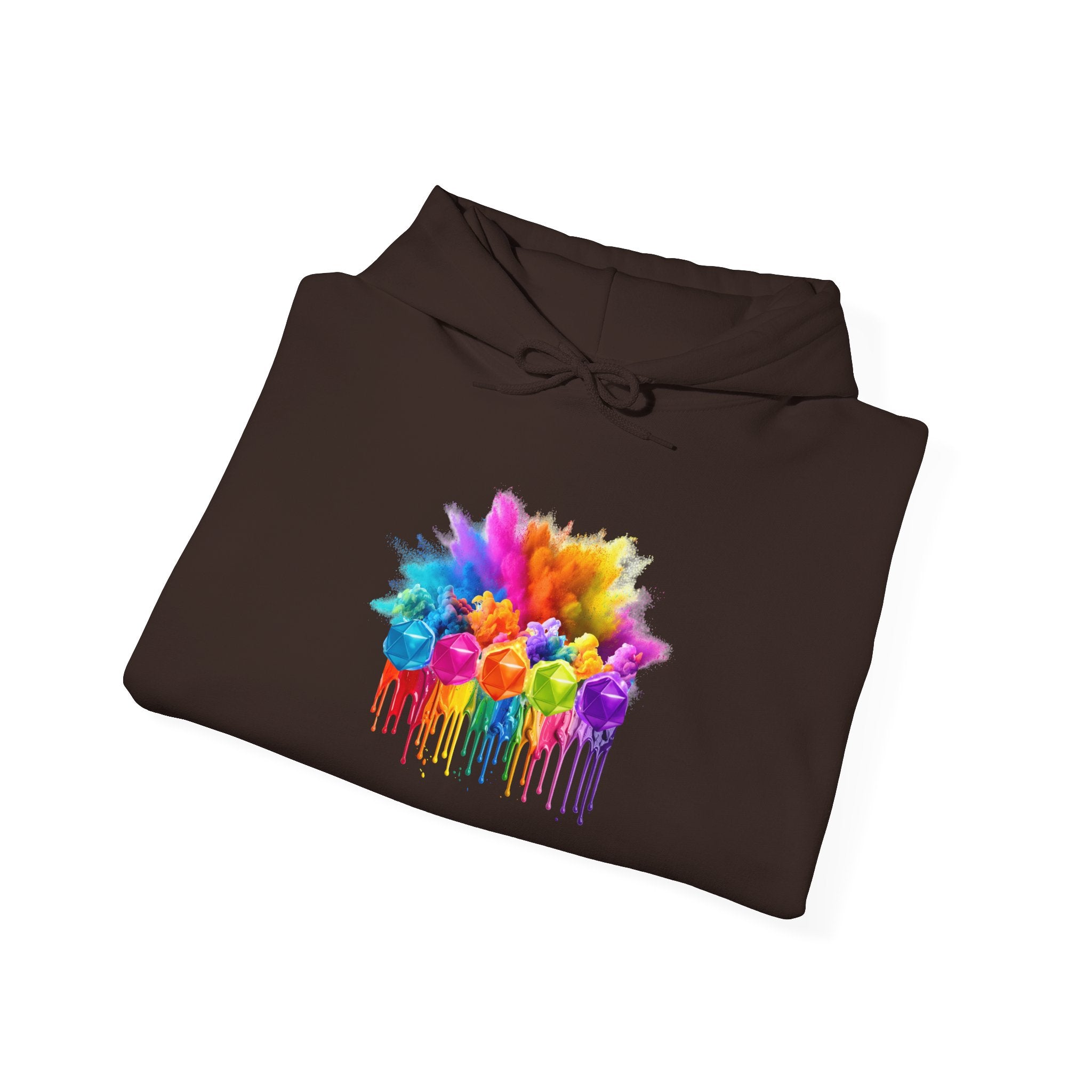 Colorful Drip D20 Hoodie – Vibrant Rainbow Dice Sweatshirt
