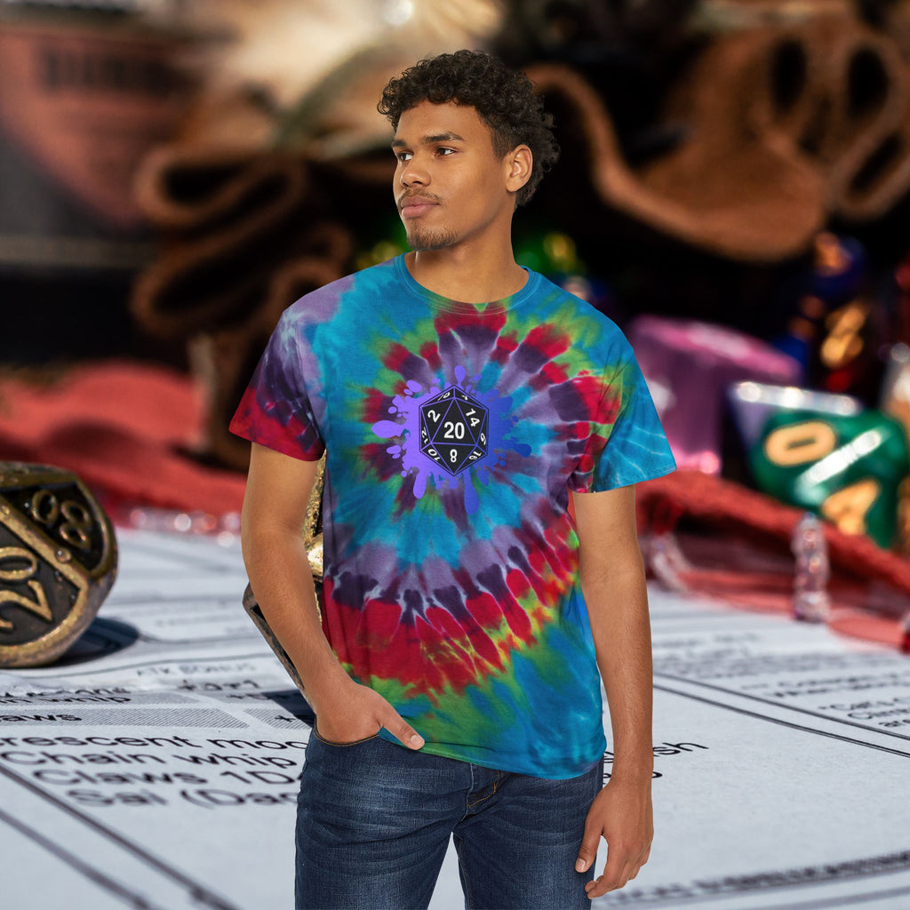 Tie-Dye Spiral Tee with D20 Dice Splatter Graphic Front and Back graphic