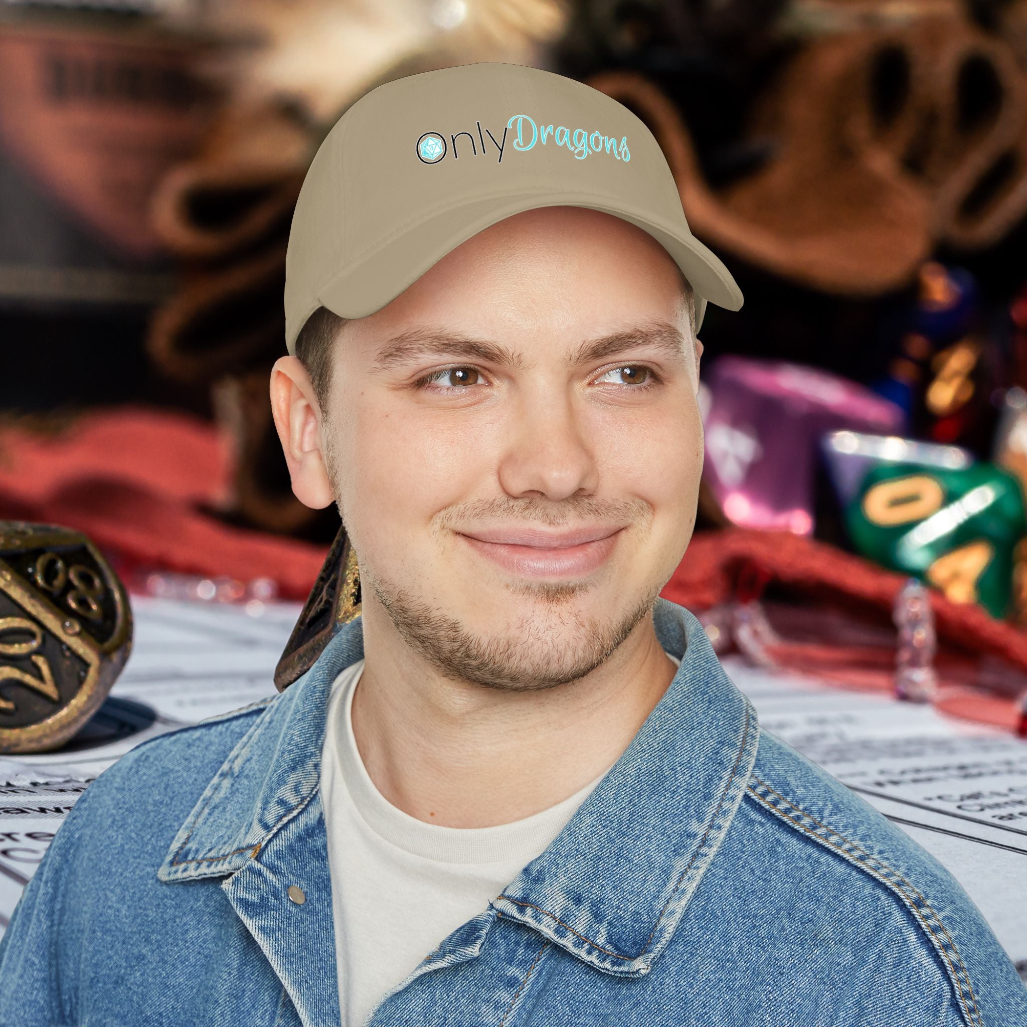Only Dragons Low Profile Baseball Cap — D&D Dice Logo Hat for Tabletop Gamers