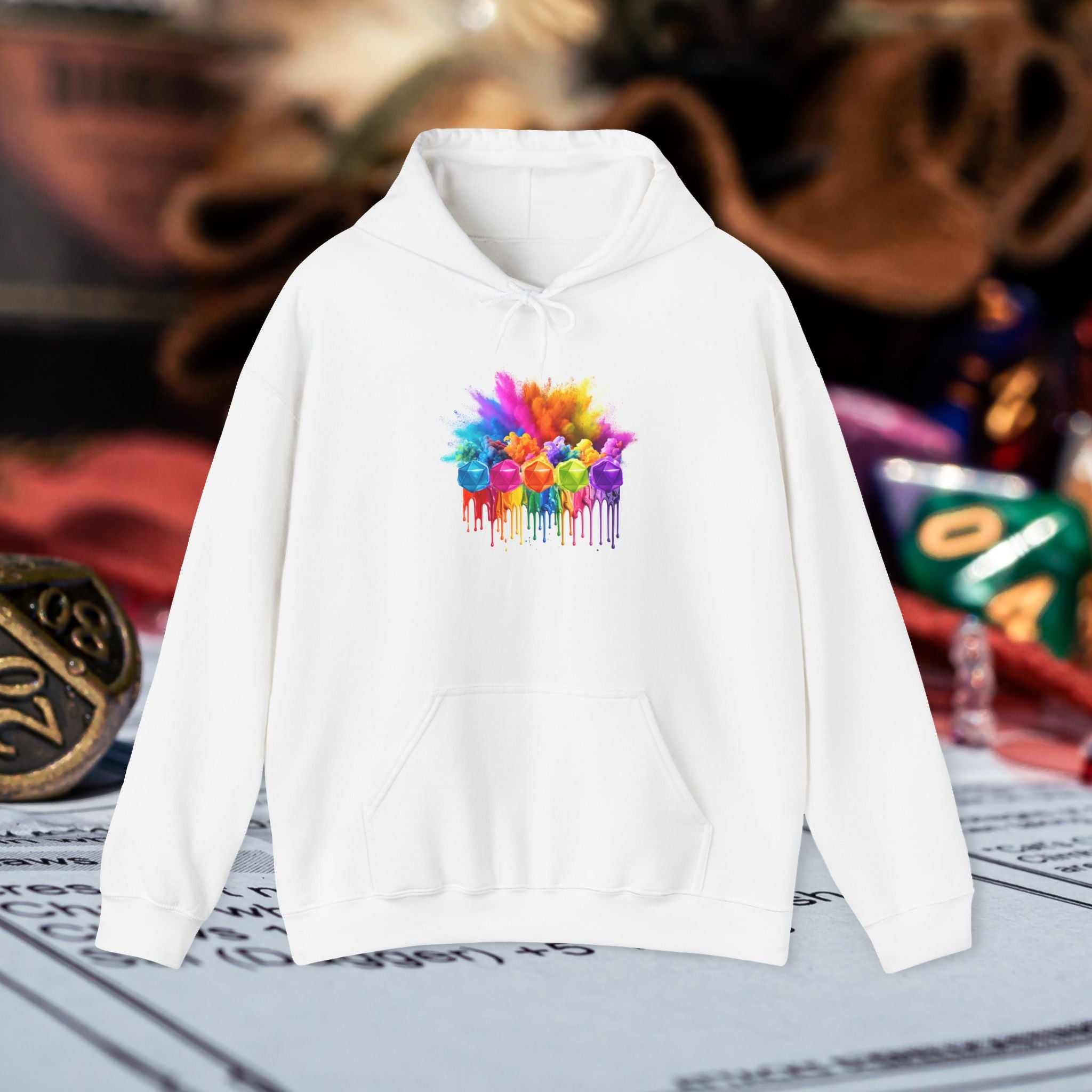 Colorful Drip D20 Hoodie – Vibrant Rainbow Dice Sweatshirt