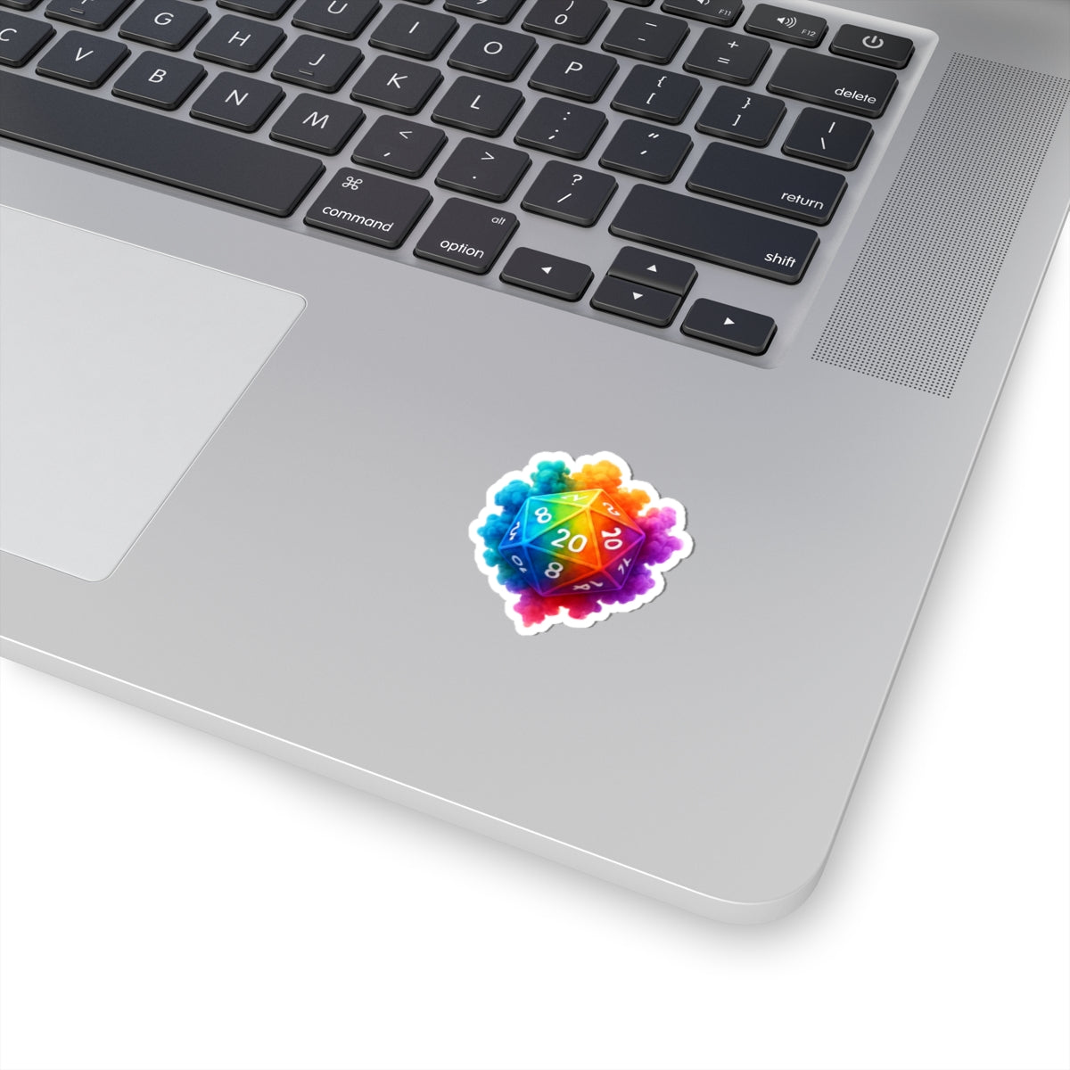 Rainbow D20 Sticker — Colorful Tabletop Gaming Dice Kiss-Cut Decal