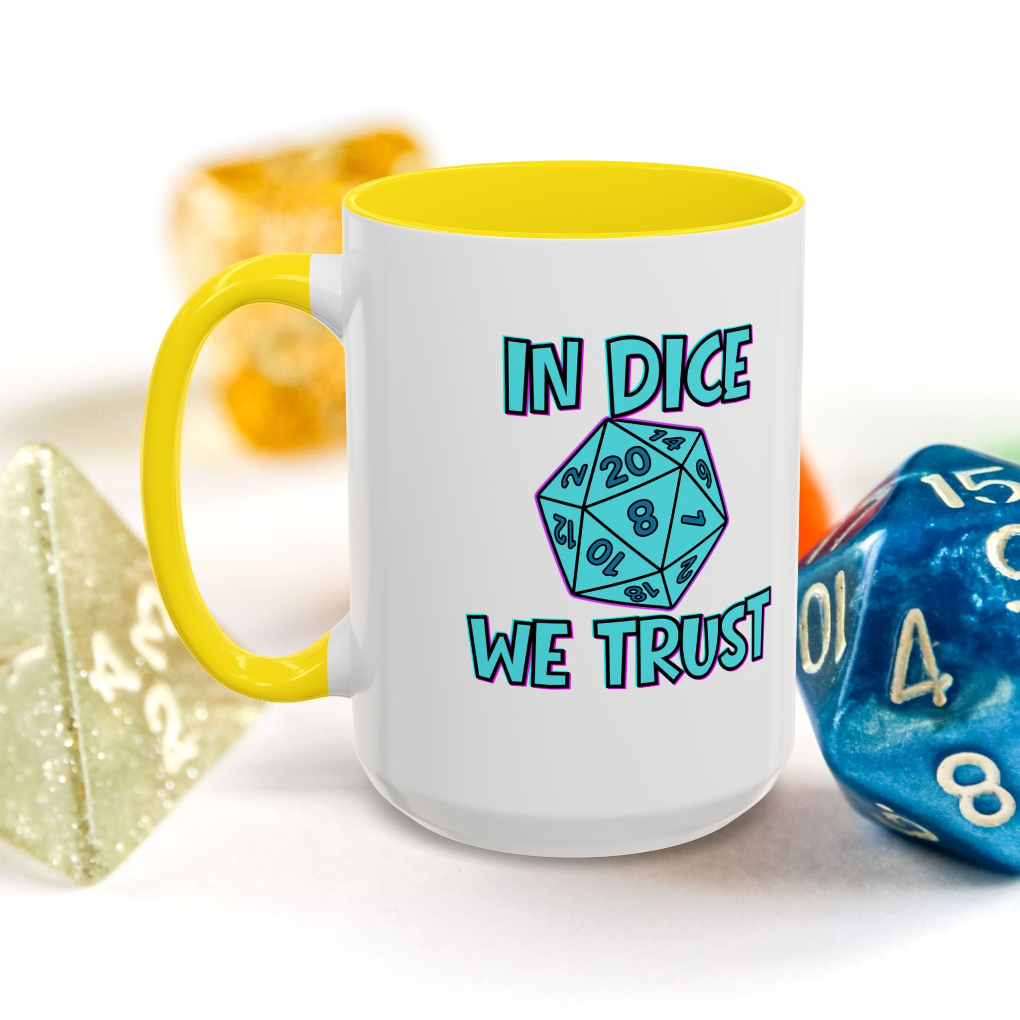 D20 Coffee Mug — "In Dice We Trust" Gamer RPG Dice Mug (15oz Accent)