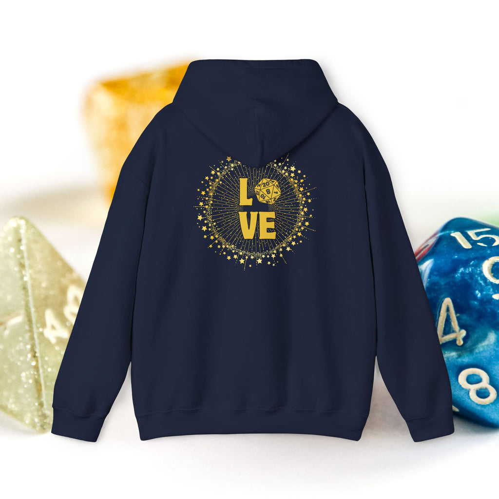 LOVE D20 Hoodie — Gold Glitter Dice Heart Gamer Gaming RPG Hooded Sweatshirt