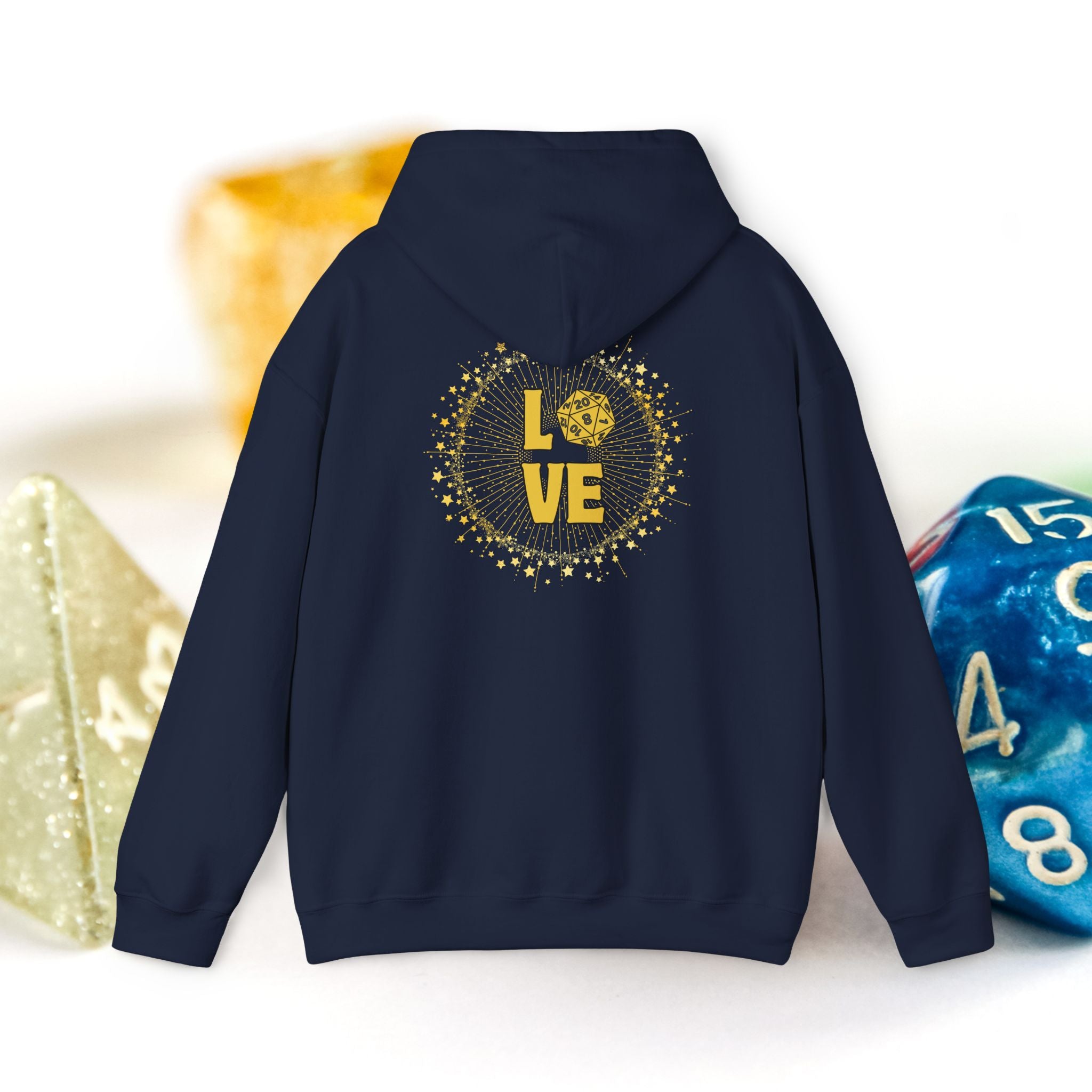 LOVE D20 Hoodie — Gold Glitter Dice Heart Gamer Gaming RPG Hooded Sweatshirt