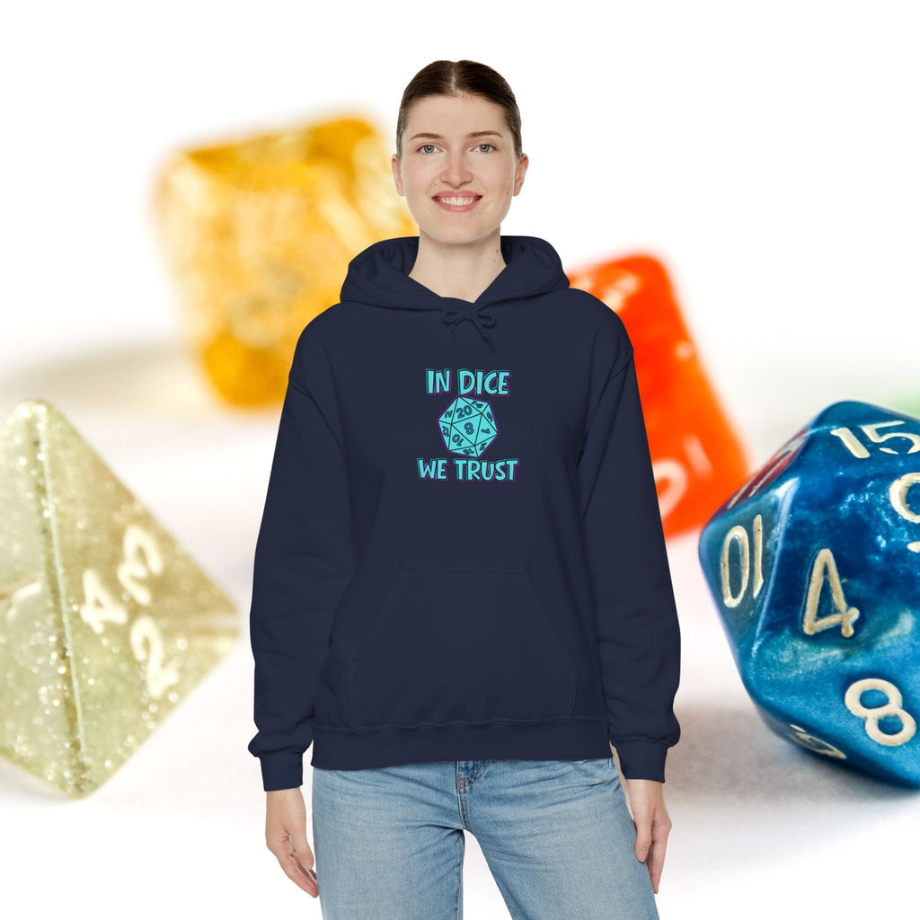 D20 Hoodie — "In Dice We Trust" RPG Gamer Hooded Sweatshirt