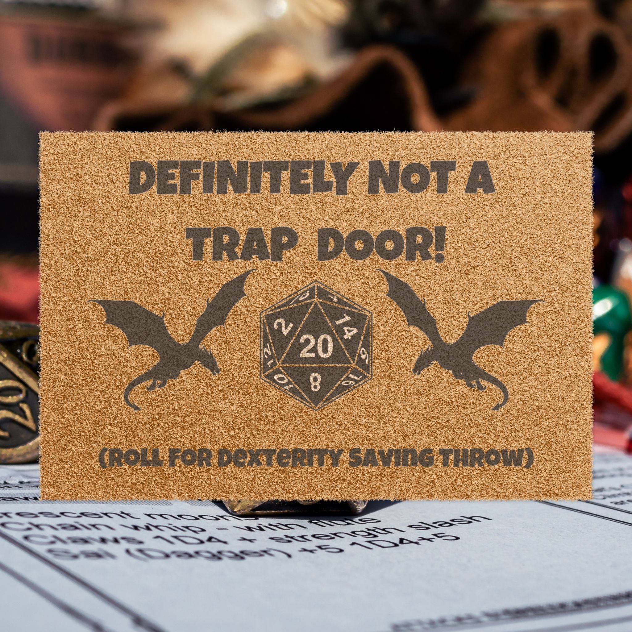 Doormat — "Definitely Not a Trap Door! (Roll for Dexterity)" Gamer Welcome Mat