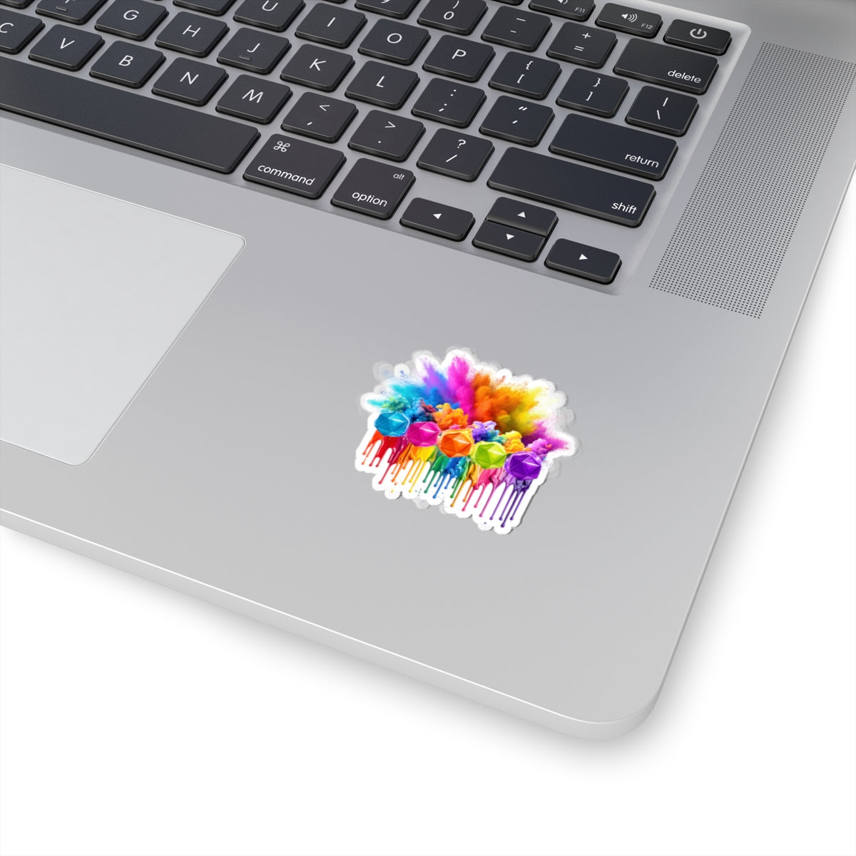 Colorburst Drip D20 Kiss-Cut Sticker — Rainbow Paint Splash Laptop Decal