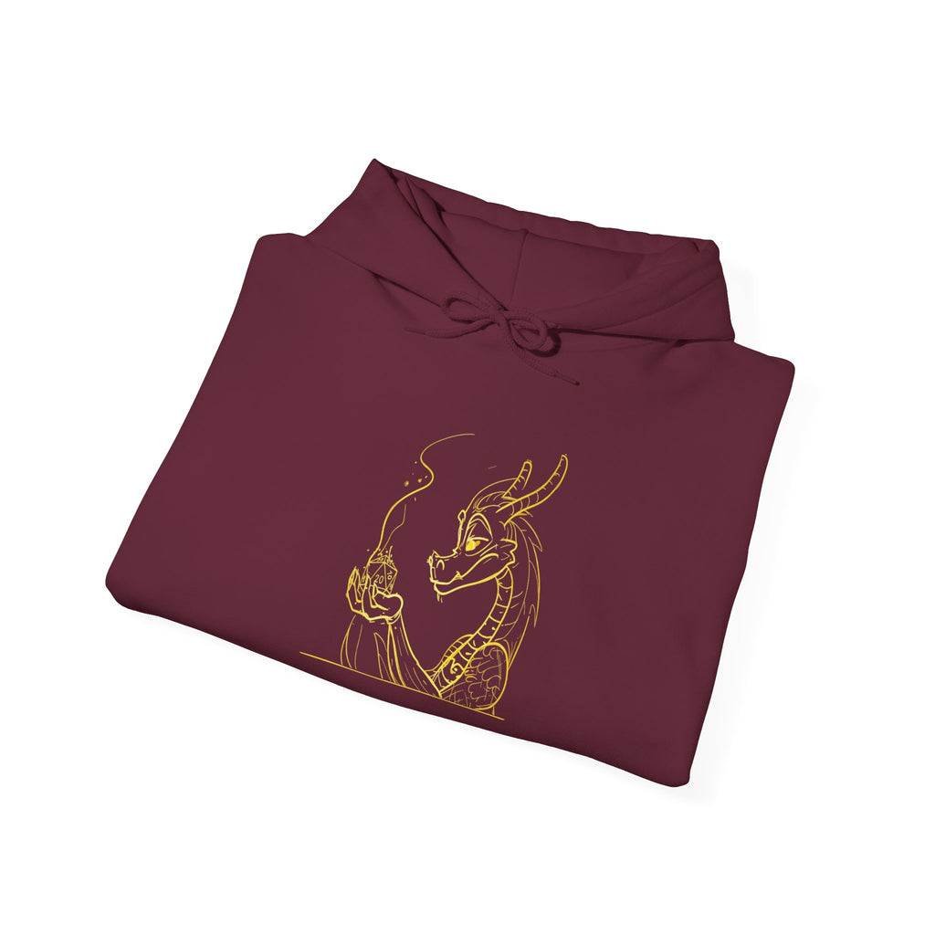 Dragon Holding D20 Hoodie — Gold Line Art Graphic Sweatshirt
