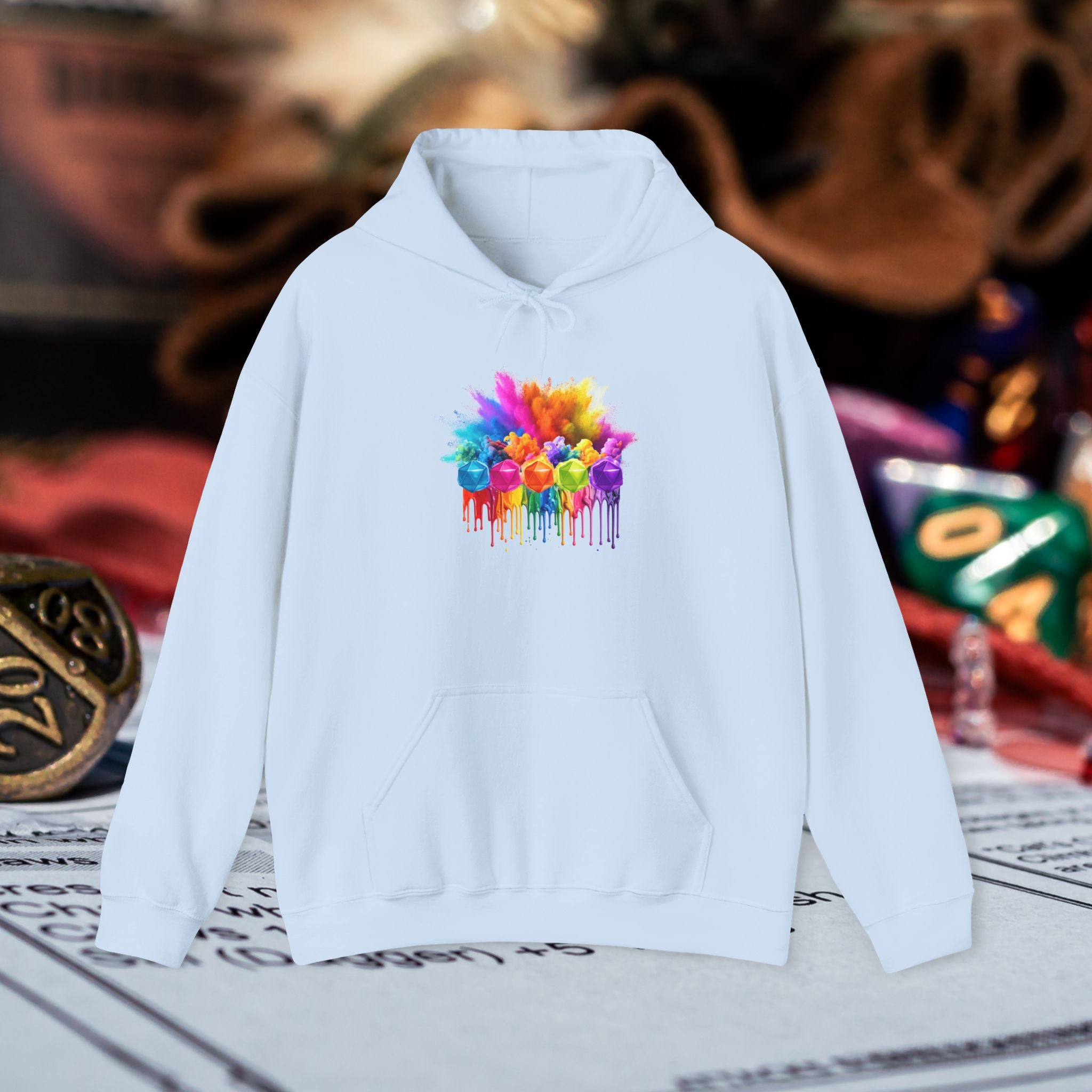 Colorful Drip D20 Hoodie – Vibrant Rainbow Dice Sweatshirt