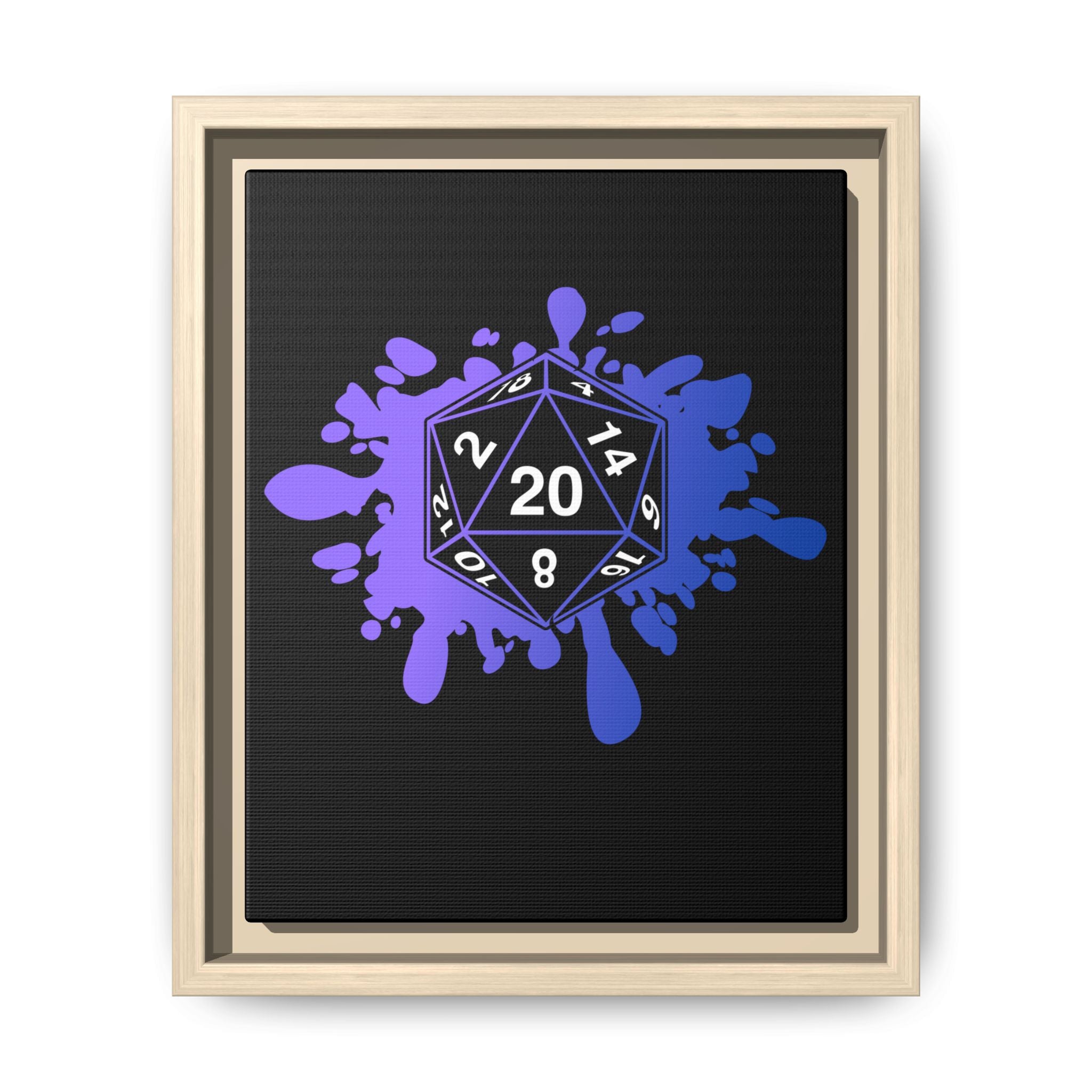 D20 Splash Matte Canvas Framed Wall Art — Purple Blue Tabletop RPG Decor