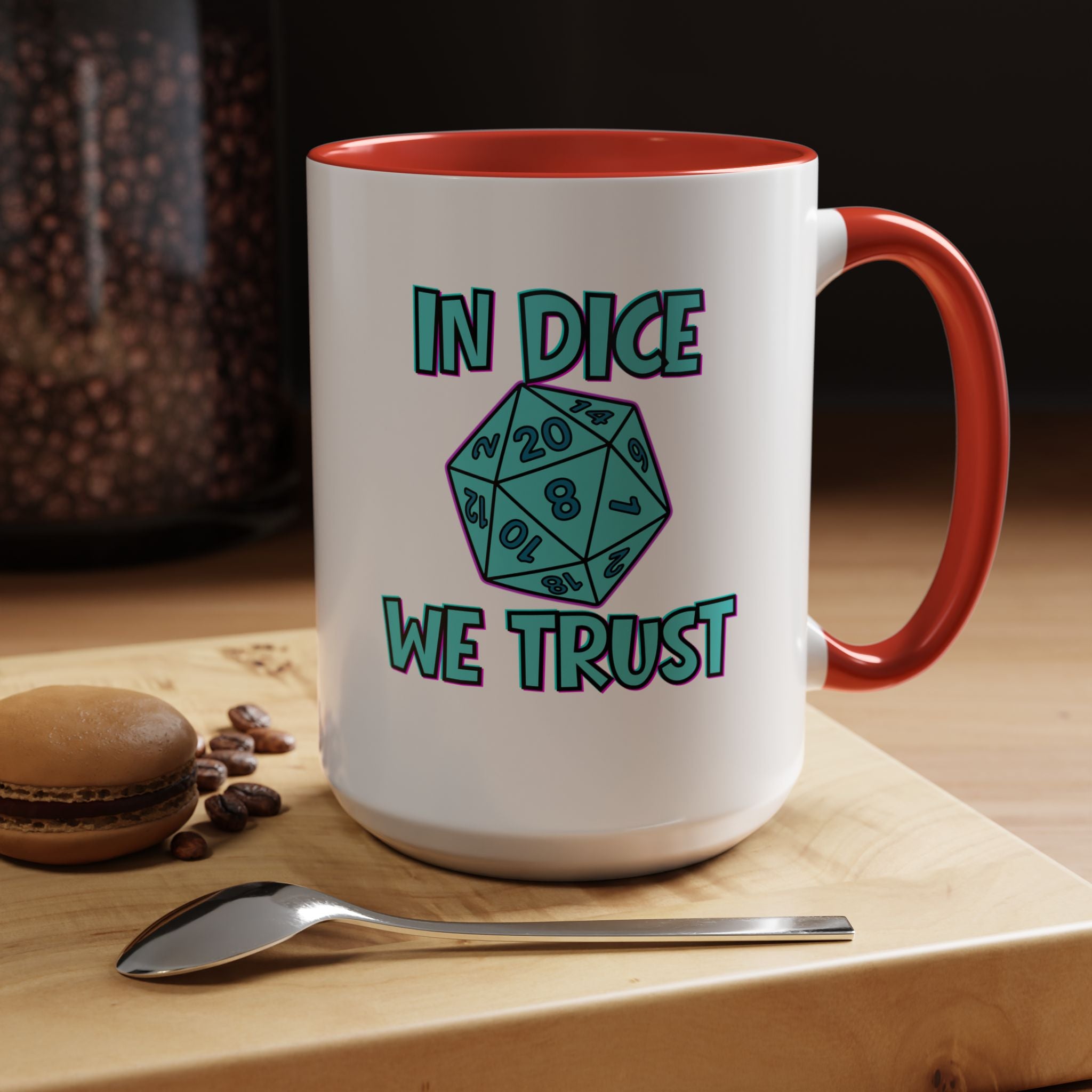 D20 Coffee Mug — "In Dice We Trust" Gamer RPG Dice Mug (15oz Accent)