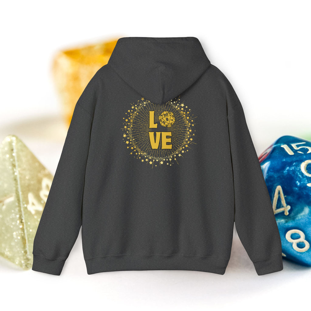 LOVE D20 Hoodie — Gold Glitter Dice Heart Gamer Gaming RPG Hooded Sweatshirt