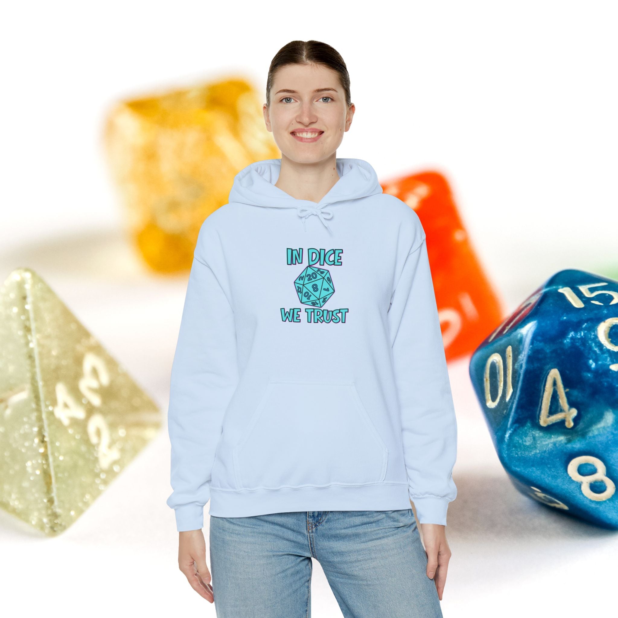 D20 Hoodie — "In Dice We Trust" RPG Gamer Hooded Sweatshirt