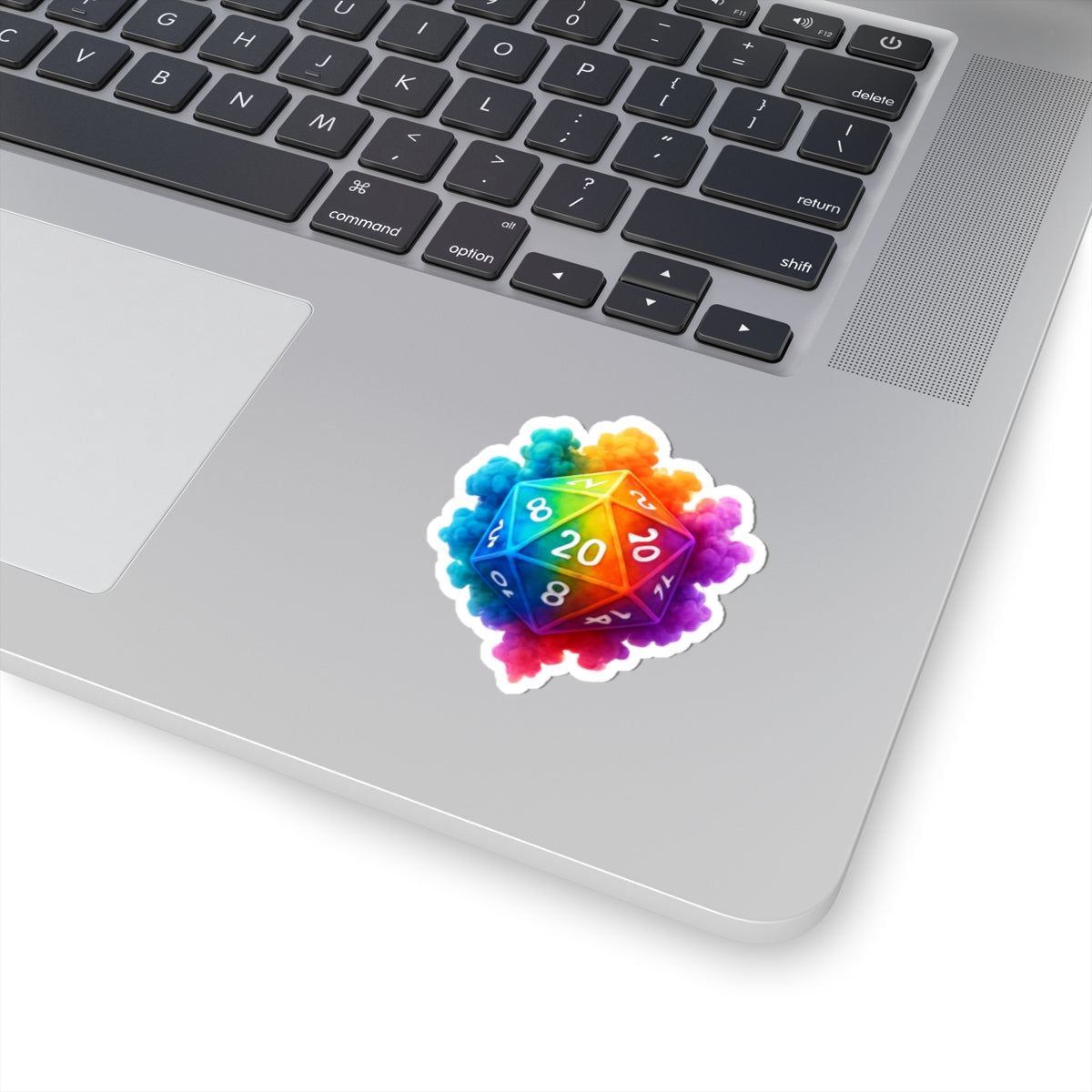 Rainbow D20 Sticker — Colorful Tabletop Gaming Dice Kiss-Cut Decal