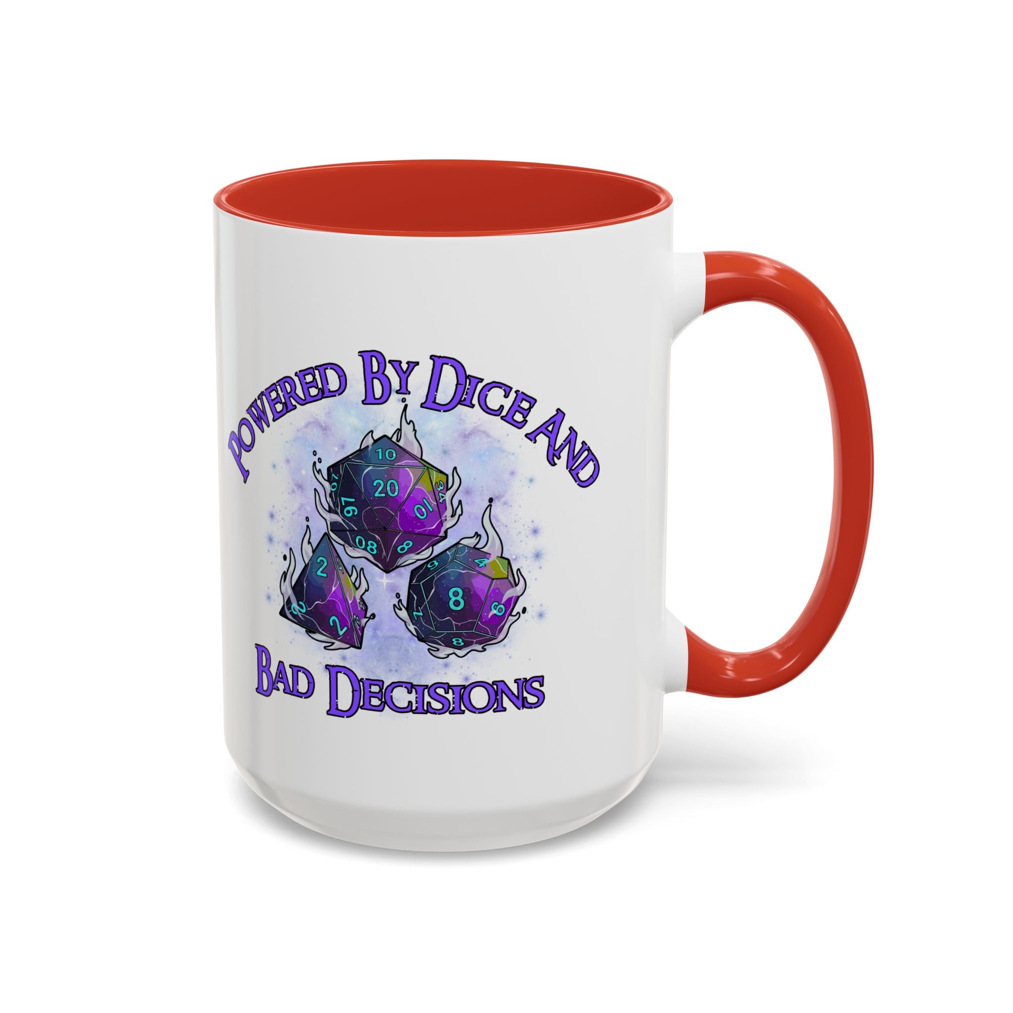 Powered by Dice Coffee Mug — "Powered by Dice and Bad Decisions" RPG Gamer Mug