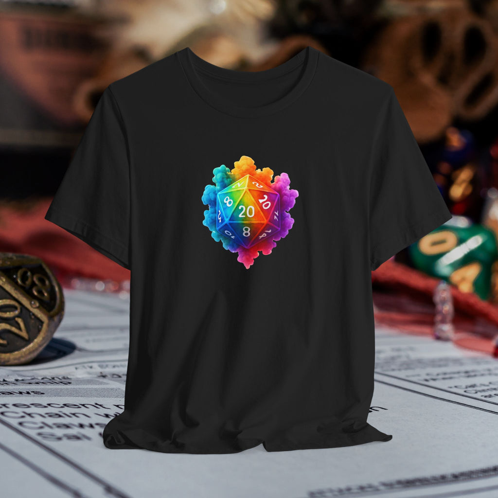 D20 Rainbow Heart T‑Shirt — Colorful Tabletop RPG Dice Tee