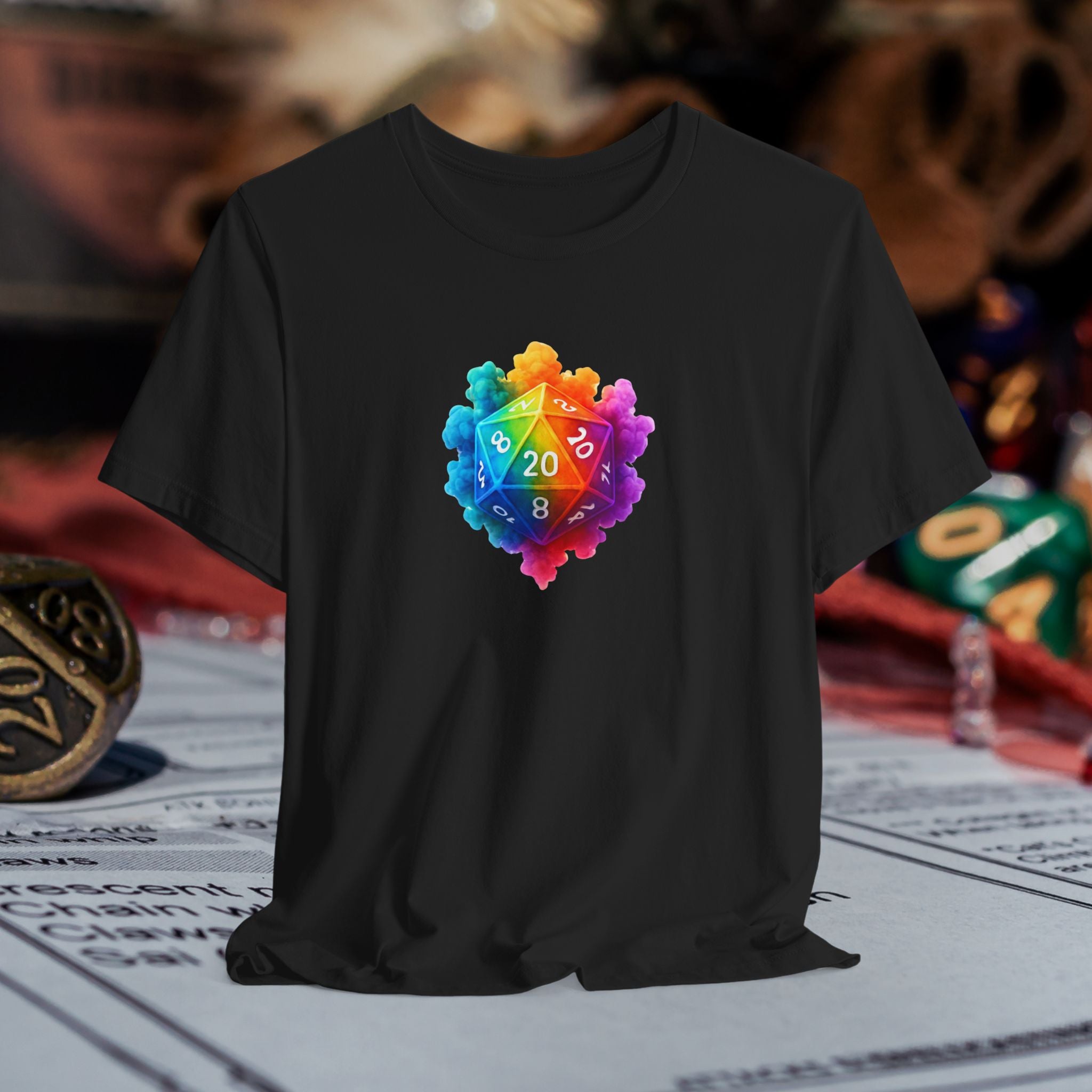 D20 Rainbow Heart T‑Shirt — Colorful Tabletop RPG Dice Tee