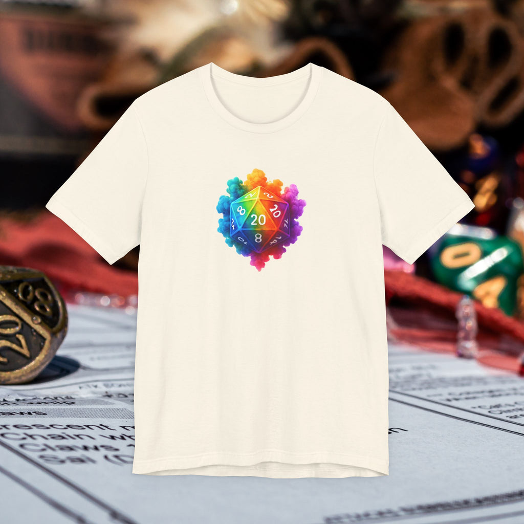 D20 Rainbow Heart T‑Shirt — Colorful Tabletop RPG Dice Tee