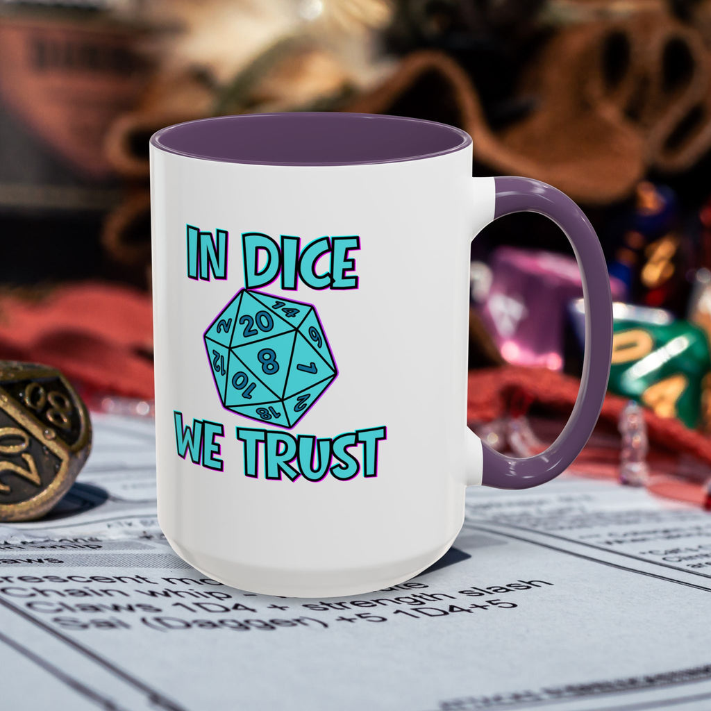 D20 Coffee Mug — "In Dice We Trust" Gamer RPG Dice Mug (15oz Accent)
