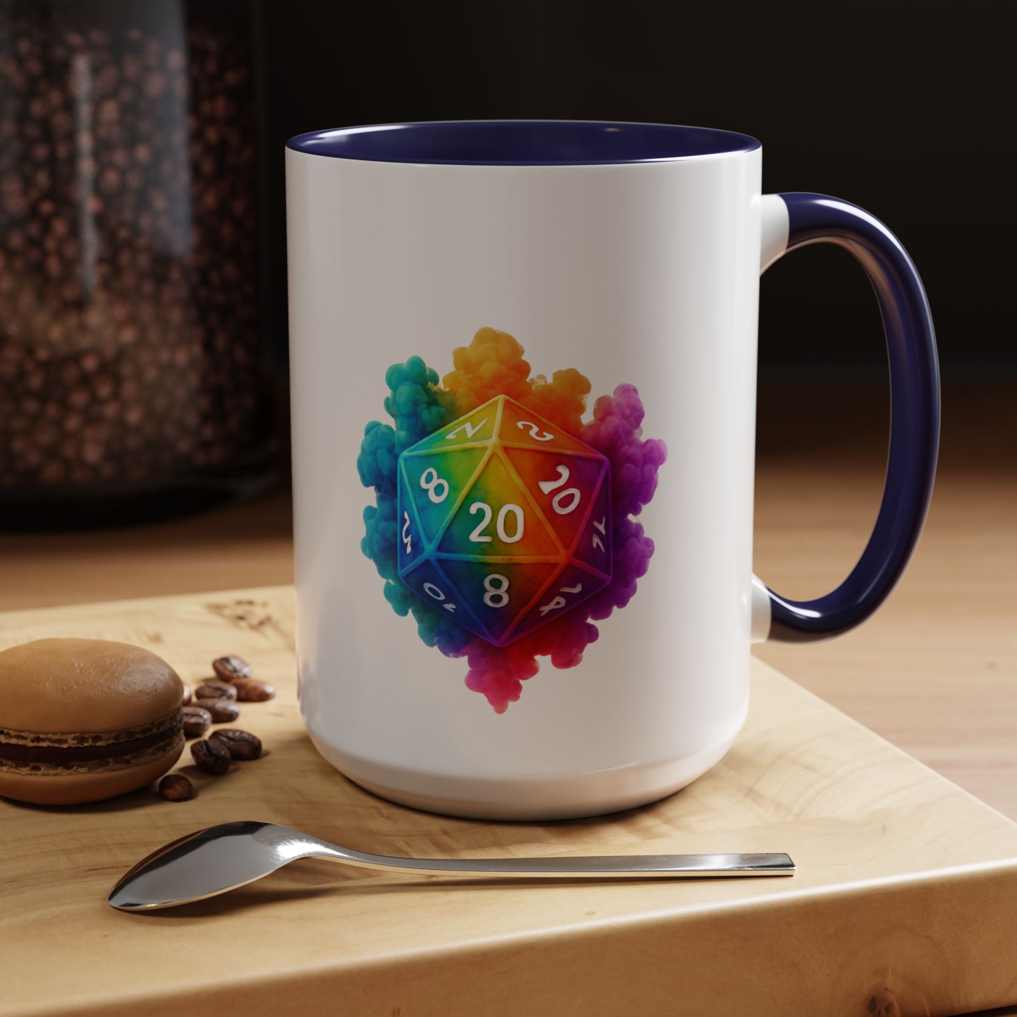 D20 Rainbow Dice Coffee Mug — Colorful Tabletop RPG Gamer Mug (15 oz)