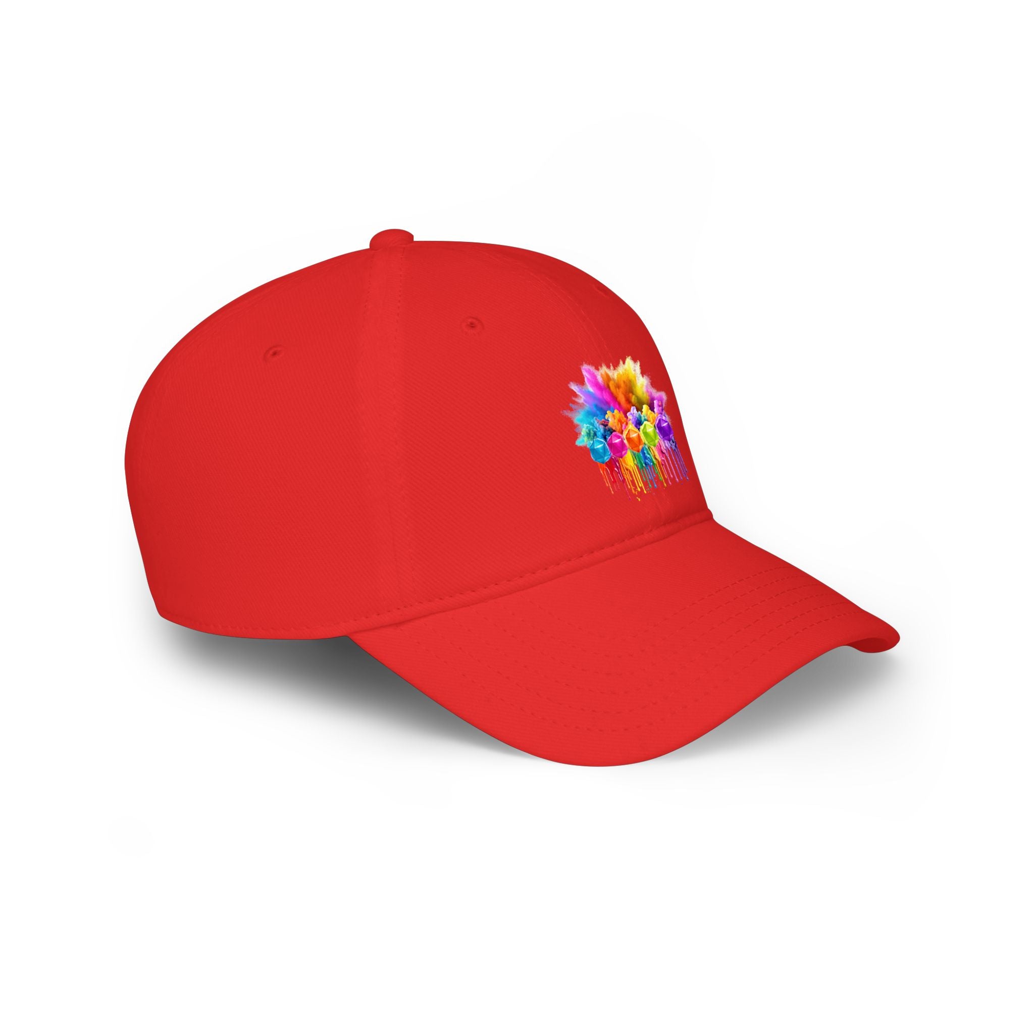 Colorful D20 Baseball Cap — Vibrant Dice Paint Splash Low-Profile Hat