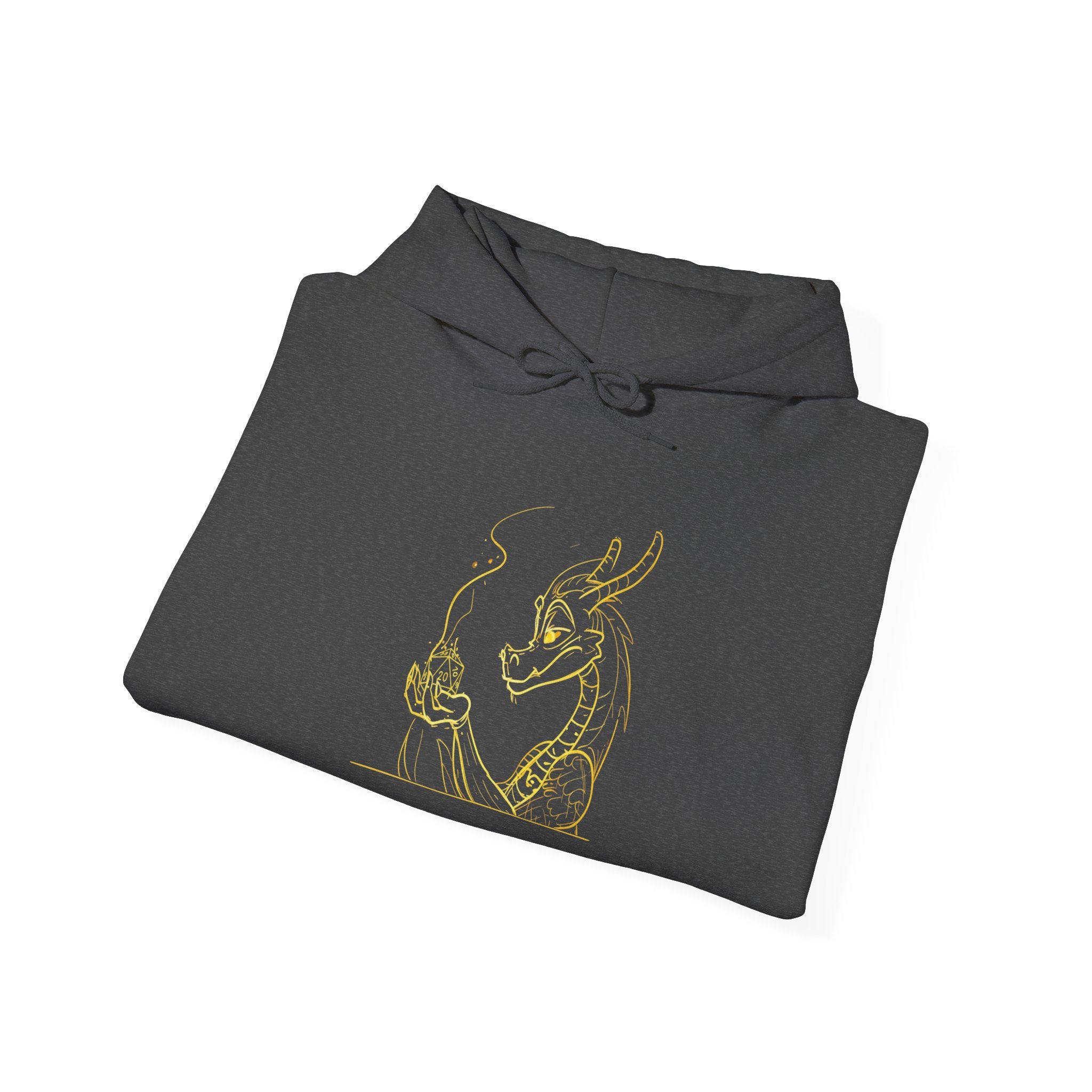 Dragon Holding D20 Hoodie — Gold Line Art Graphic Sweatshirt