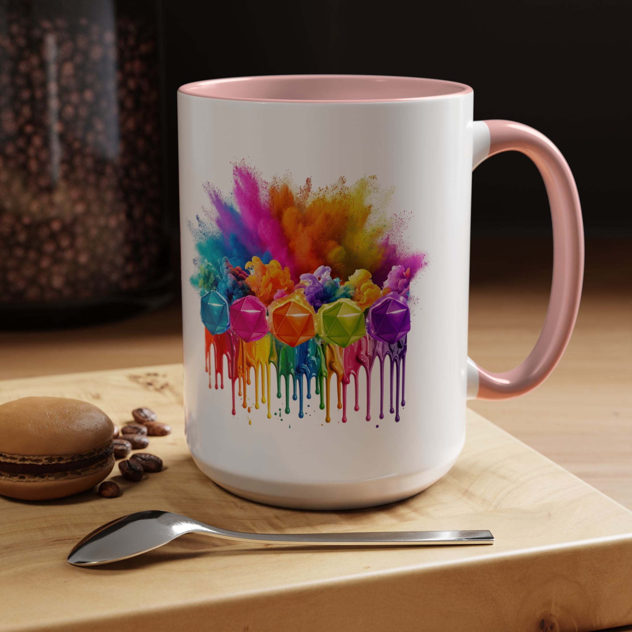 Colorful Dripping D20 Coffee Mug — Vibrant Rainbow Dice Design (15 oz)