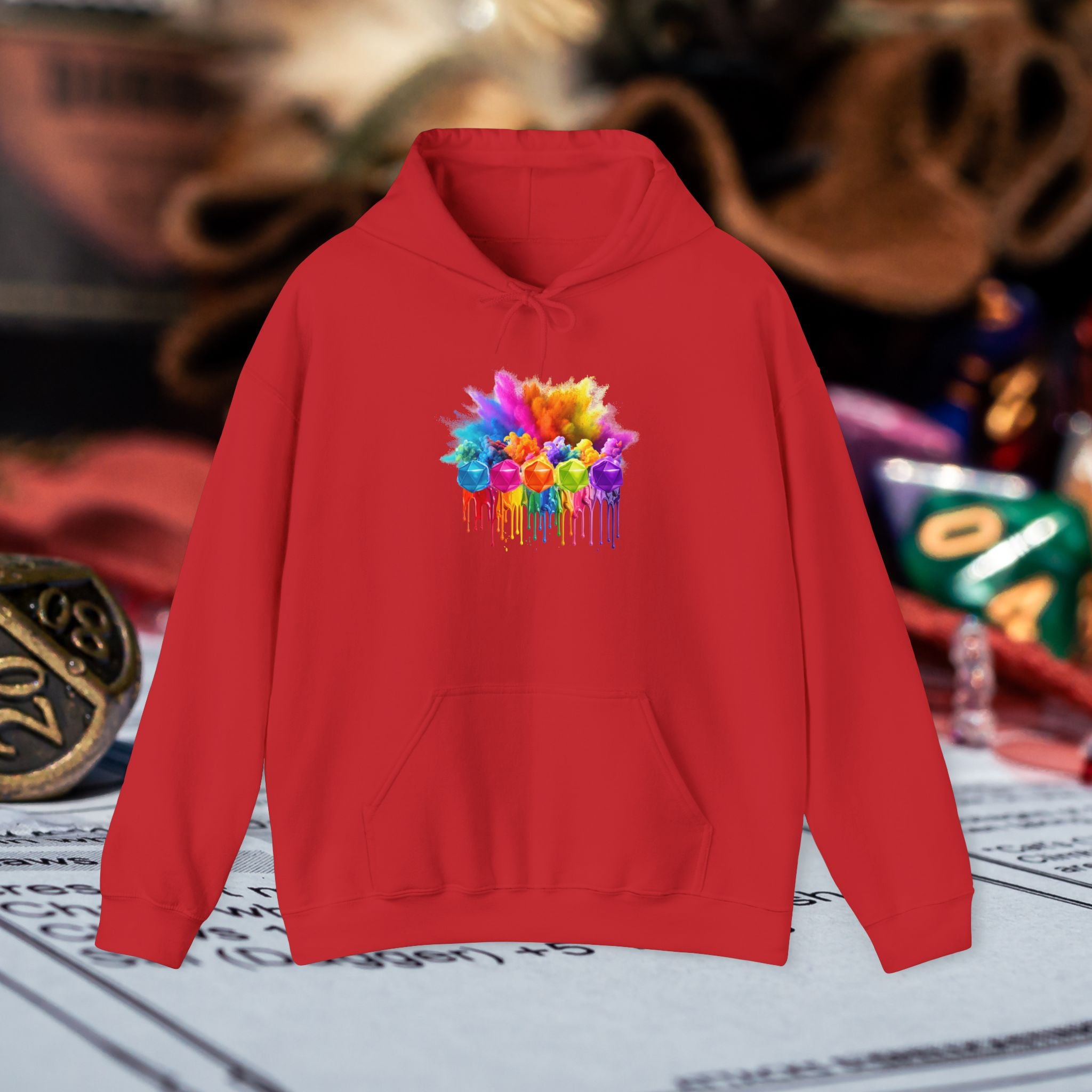 Colorful Drip D20 Hoodie – Vibrant Rainbow Dice Sweatshirt