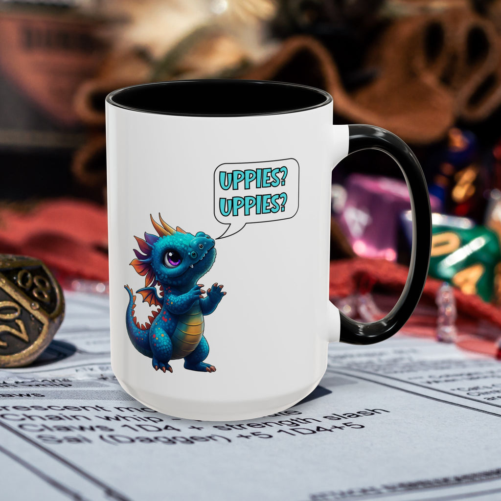 Dragon Coffee Mug - Cute Blue Dragon Saying 'Uppies? Uppies?' - Fantasy D20 Gamer Gift (15oz)