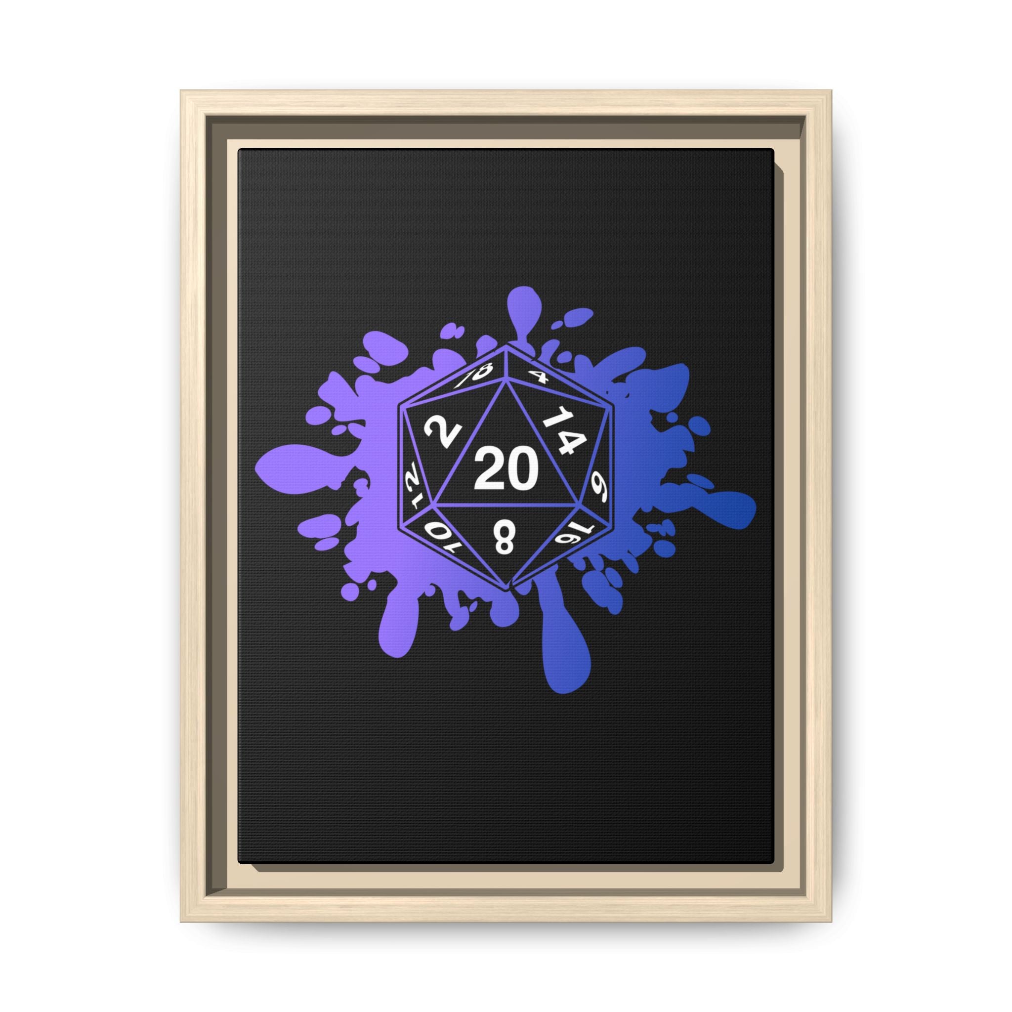 D20 Splash Matte Canvas Framed Wall Art — Purple Blue Tabletop RPG Decor