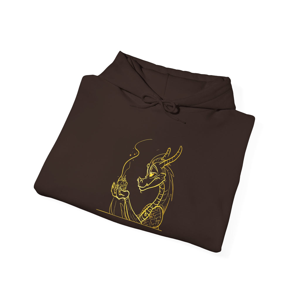 Dragon Holding D20 Hoodie — Gold Line Art Graphic Sweatshirt