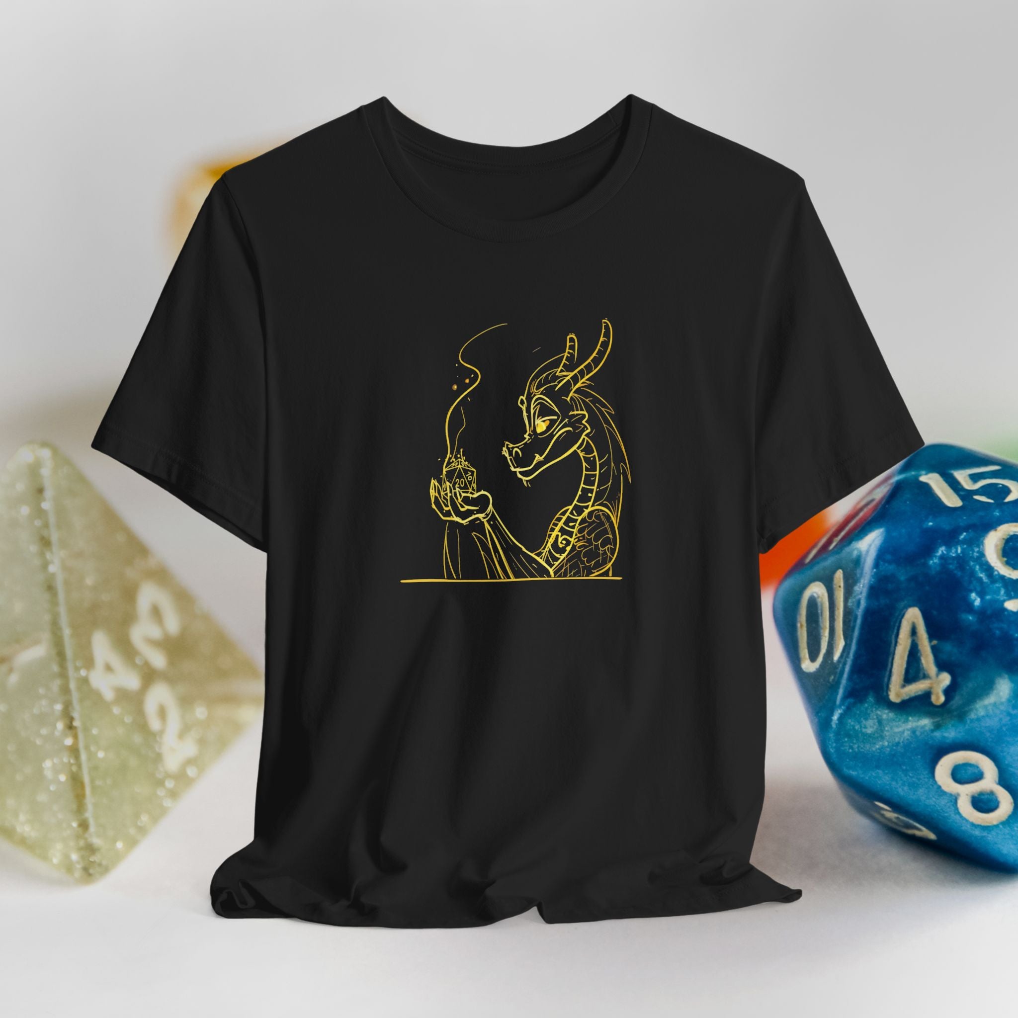 Dragon Dice T‑Shirt — Minimalist Dragon Holding D20 Gaming Tee