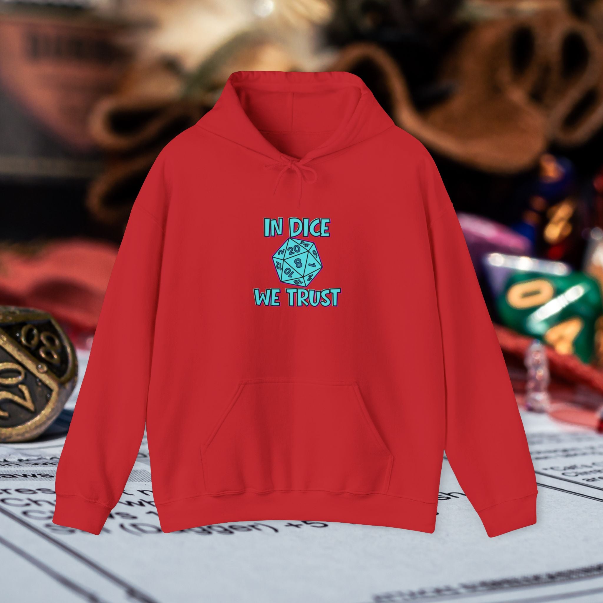 D20 Hoodie — "In Dice We Trust" RPG Gamer Hooded Sweatshirt