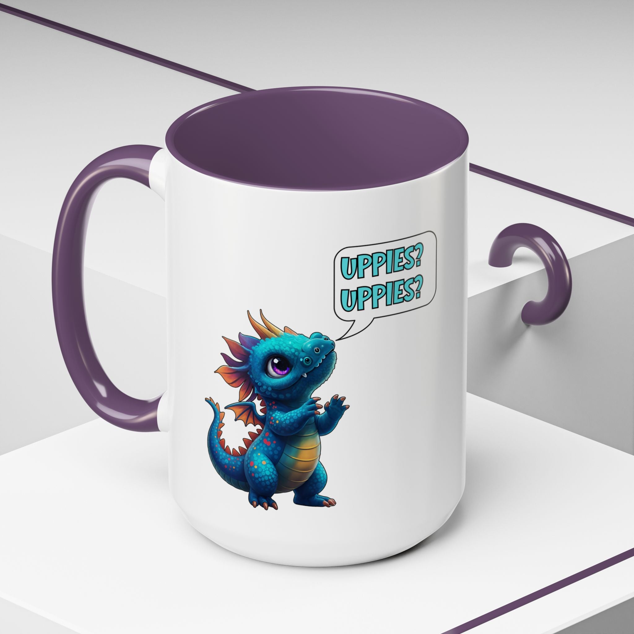 Dragon Coffee Mug - Cute Blue Dragon Saying 'Uppies? Uppies?' - Fantasy D20 Gamer Gift (15oz)