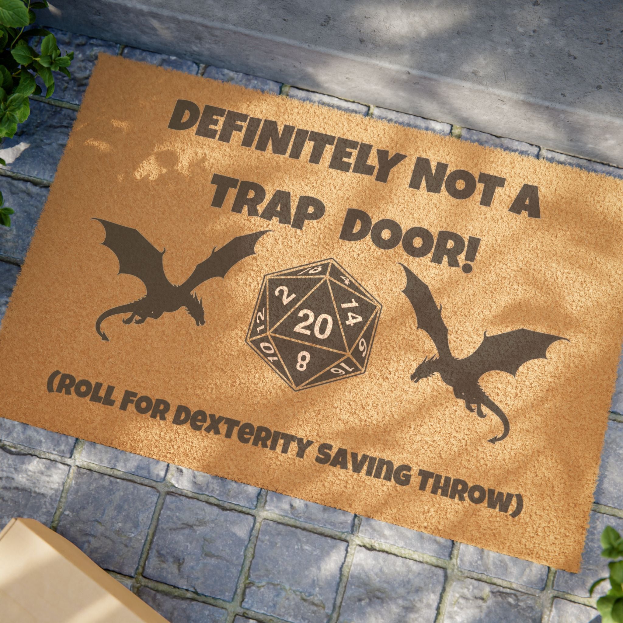 Doormat — "Definitely Not a Trap Door! (Roll for Dexterity)" Gamer Welcome Mat
