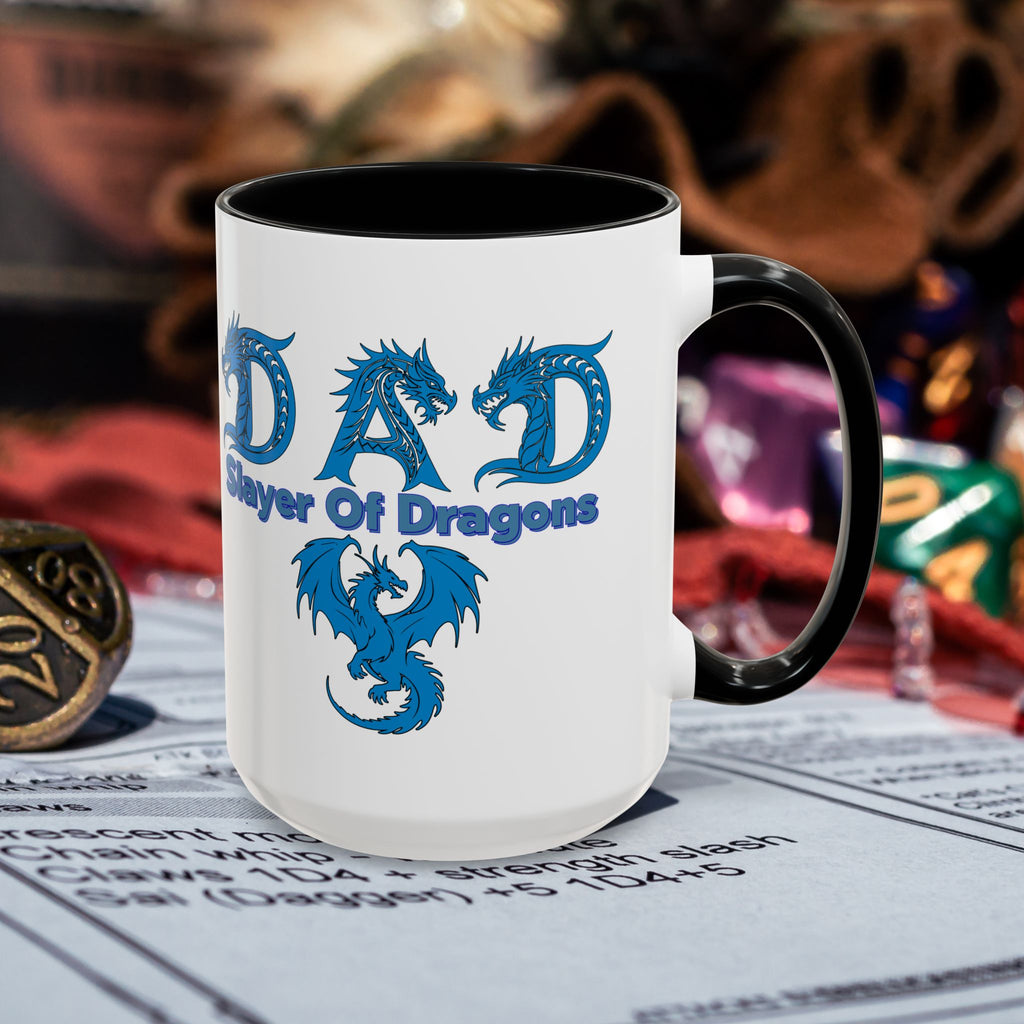 Dad Slayer of Dragons Accent Coffee Mug — Fantasy Dungeons & Dragons Gift