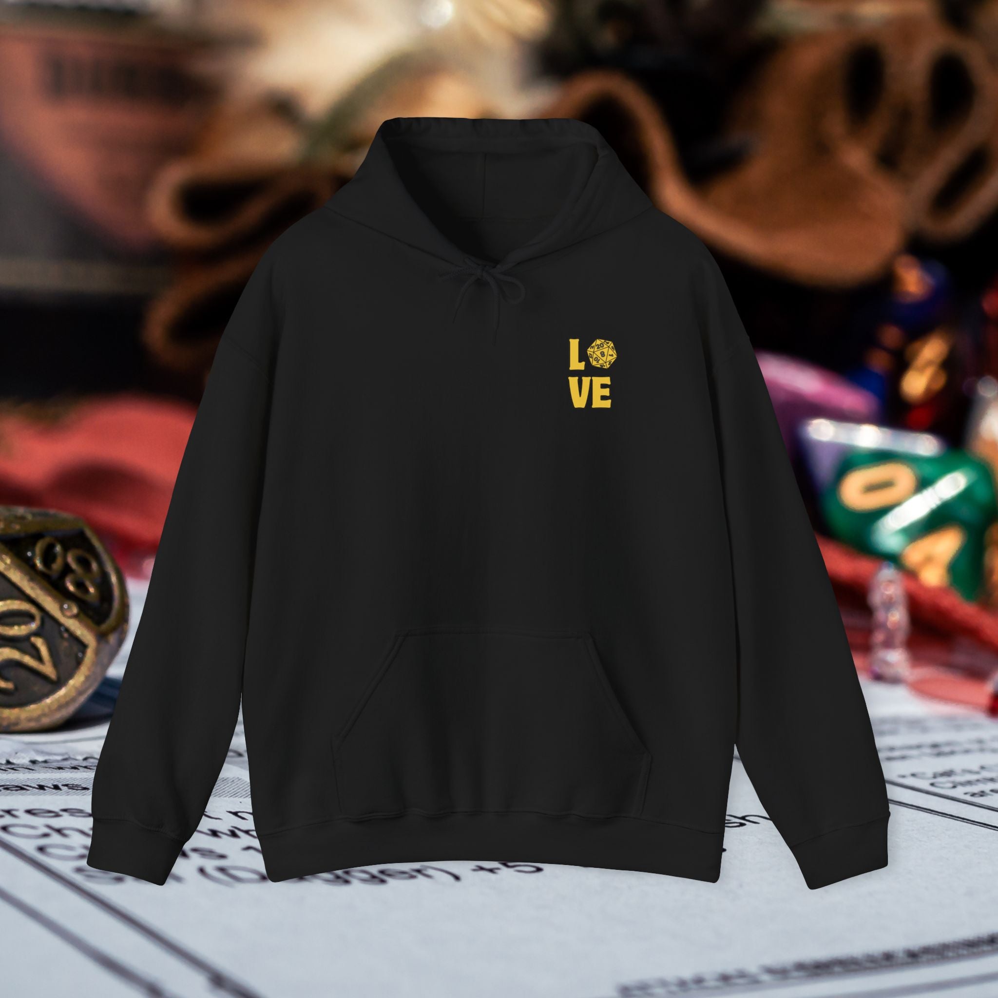 LOVE D20 Hoodie — Gold Glitter Dice Heart Gamer Gaming RPG Hooded Sweatshirt