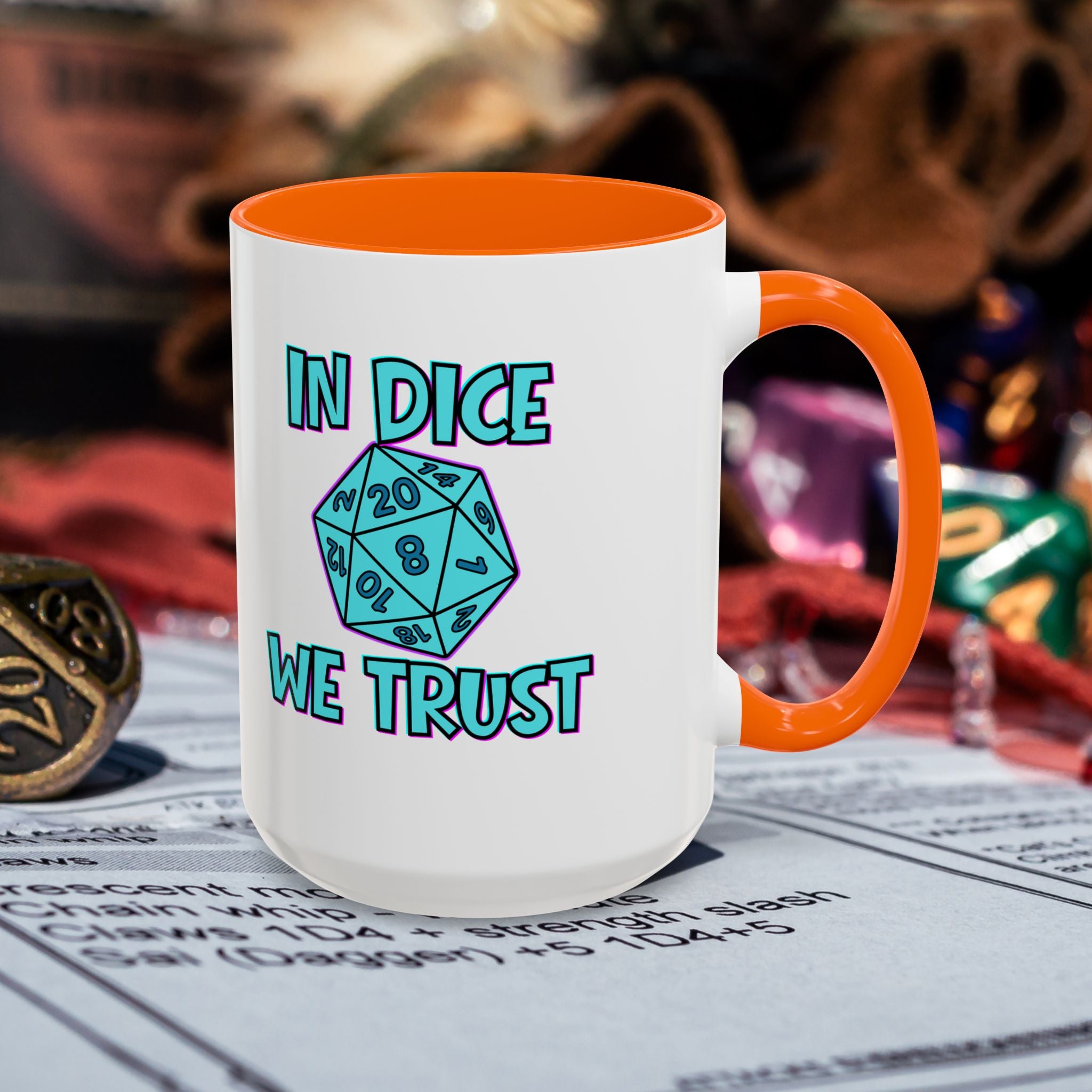 D20 Coffee Mug — "In Dice We Trust" Gamer RPG Dice Mug (15oz Accent)