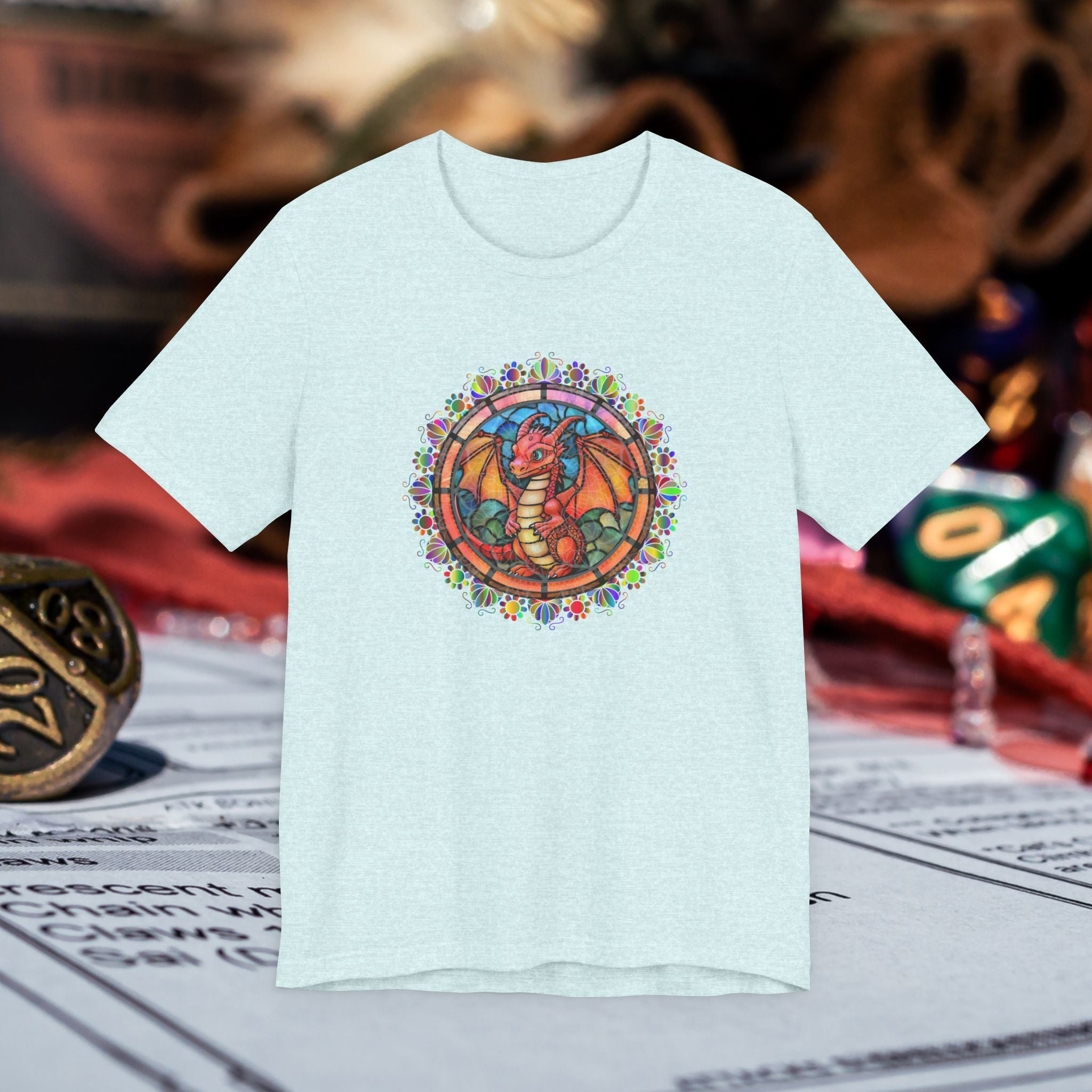 Dragon Stained Glass T‑Shirt — Colorful D20 Fantasy RPG Tee