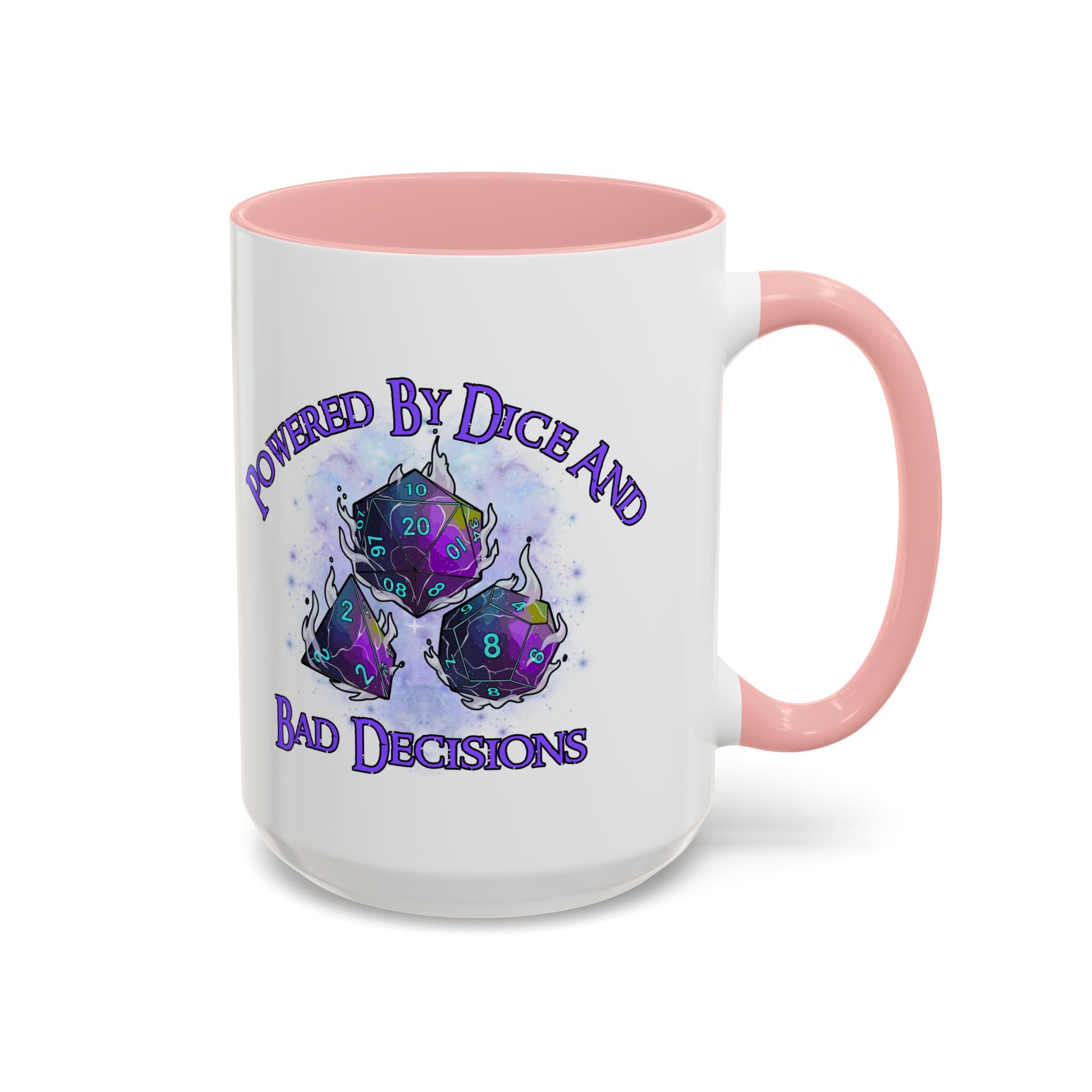 Powered by Dice Coffee Mug — "Powered by Dice and Bad Decisions" RPG Gamer Mug